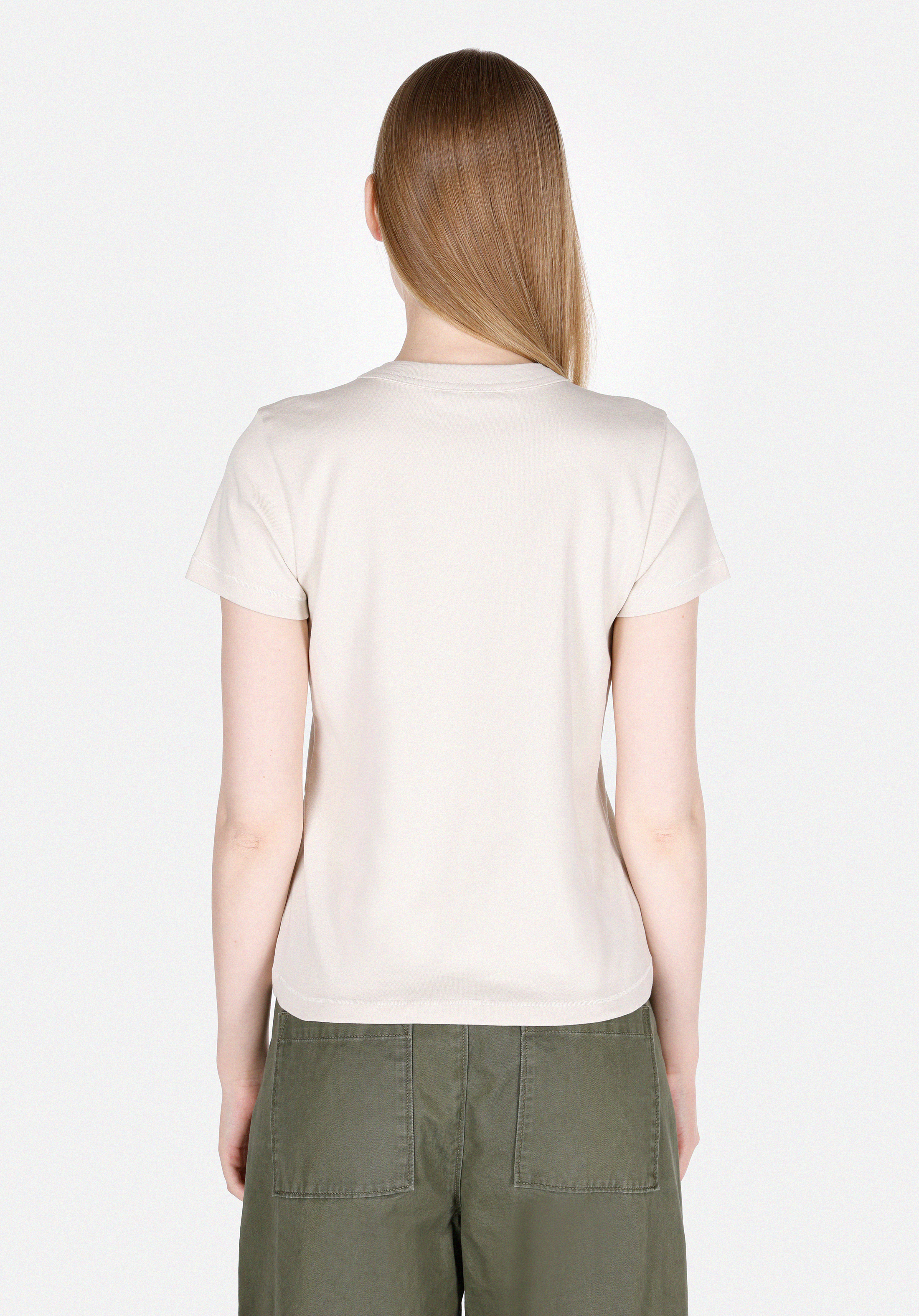 Slim Fit Yuvarlak Yaka Baskılı Kadın Ekru Kısa Kol Tişört