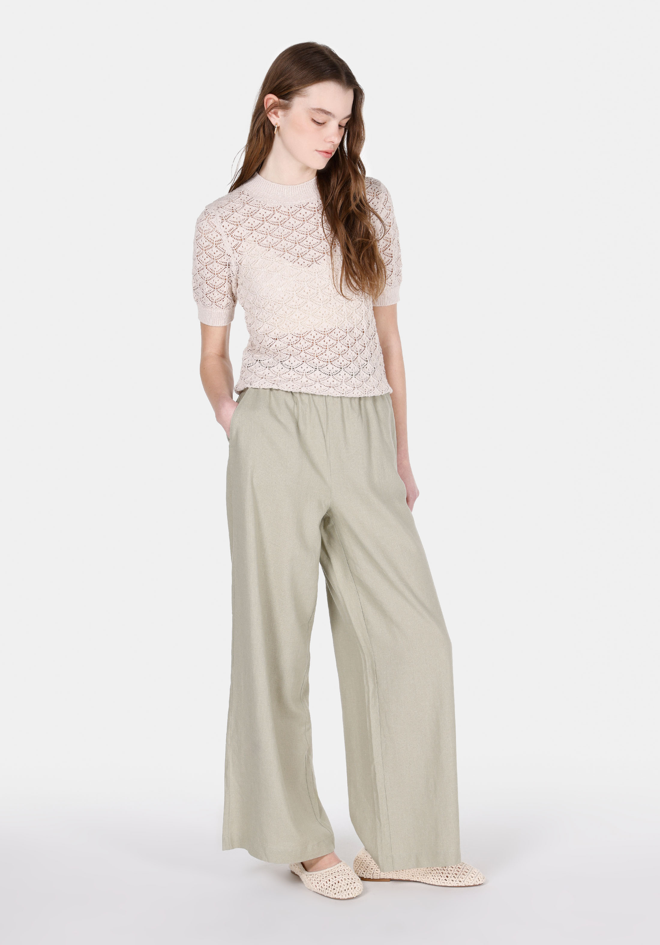 Regular Fit Yüksel Bel Geniş Paça Kadın Yeşil  Pantolon