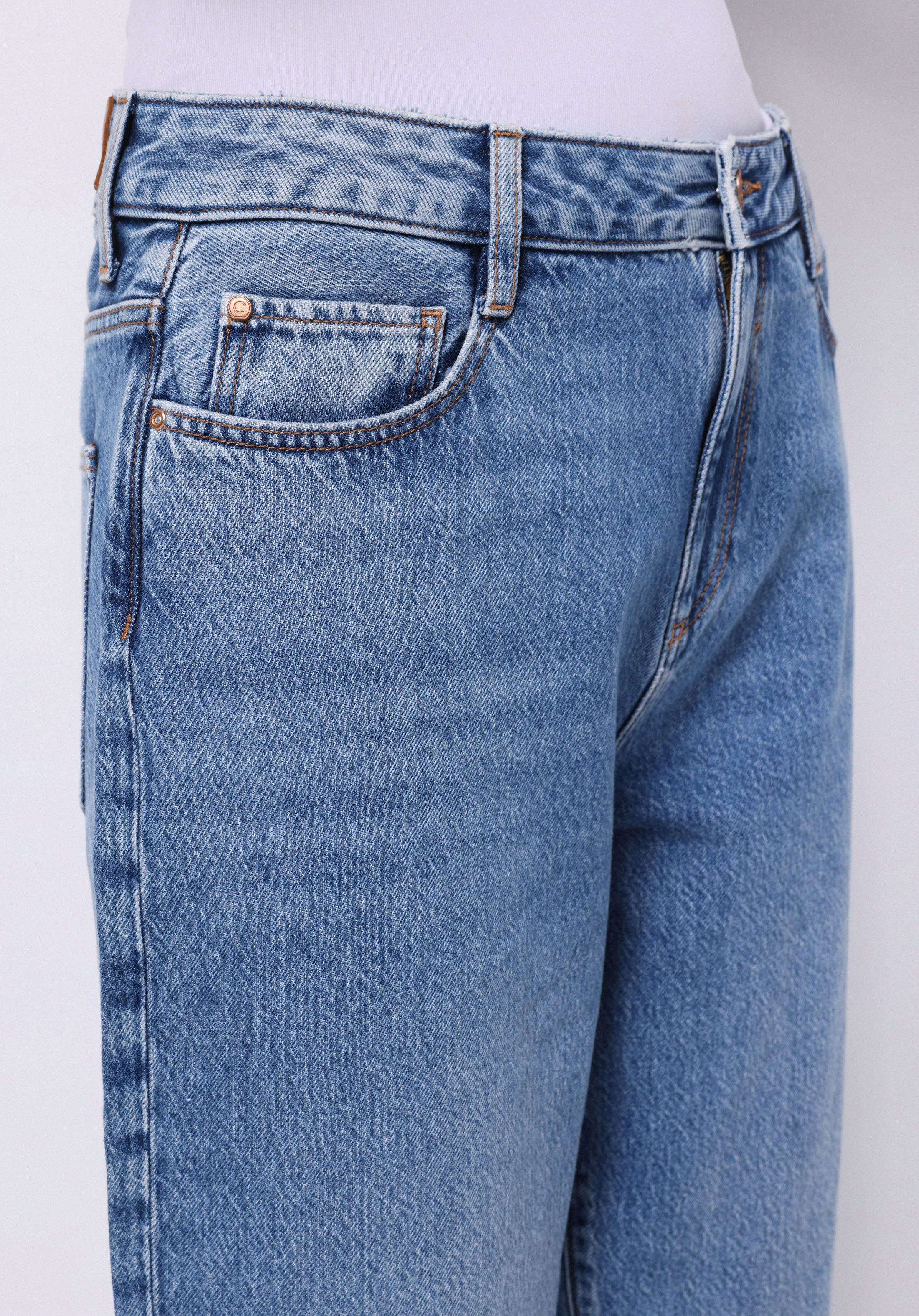 Barrel Fit Orta Bel Daralan Paça Kadın Mid İndigo Denim Jean Pantolon