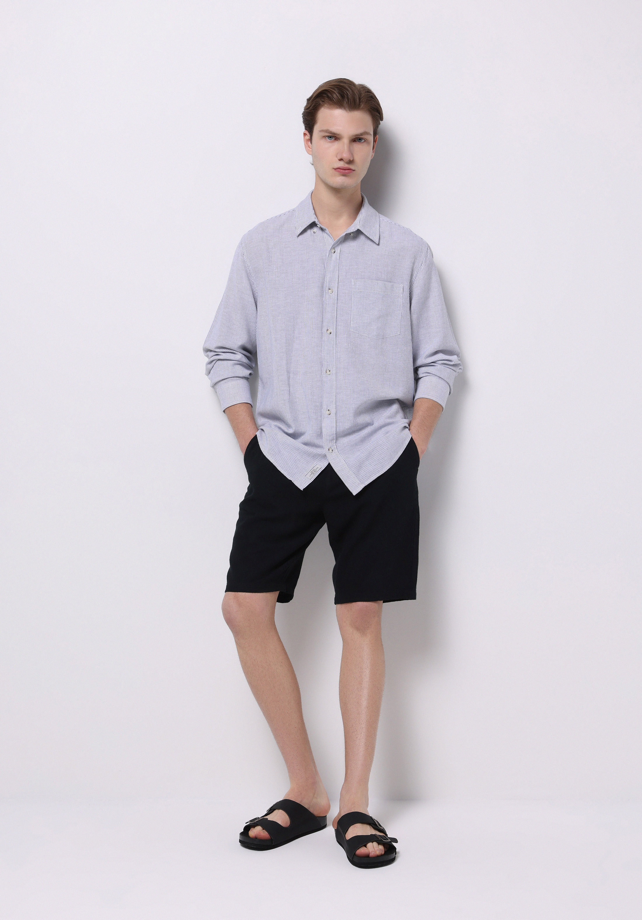 Regular Fit Shirt Neck Çizgili Erkek Lacivert Uzun Kol Gömlek