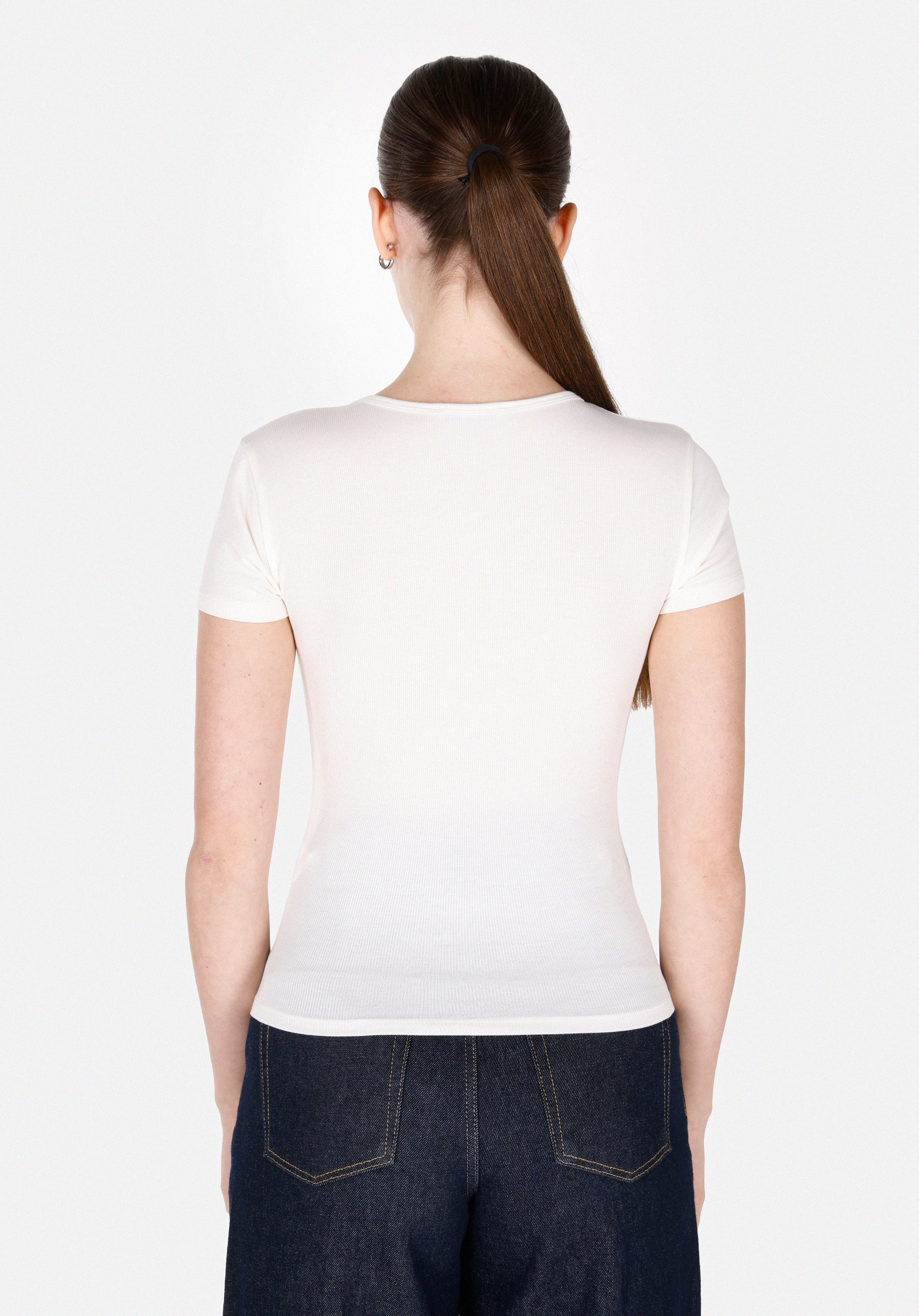 Slim Fit Yuvarlak Yaka Düz Kadın Ekru Kısa Kol Tişört