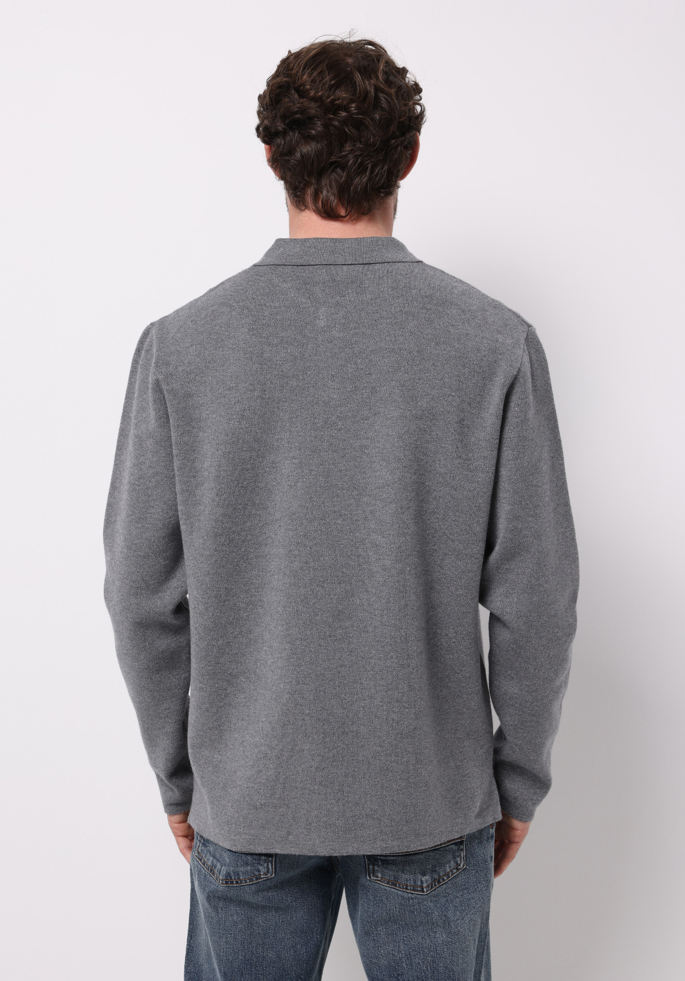 Regular Fit Polo Yaka Jakarlı Erkek Gri Kazak