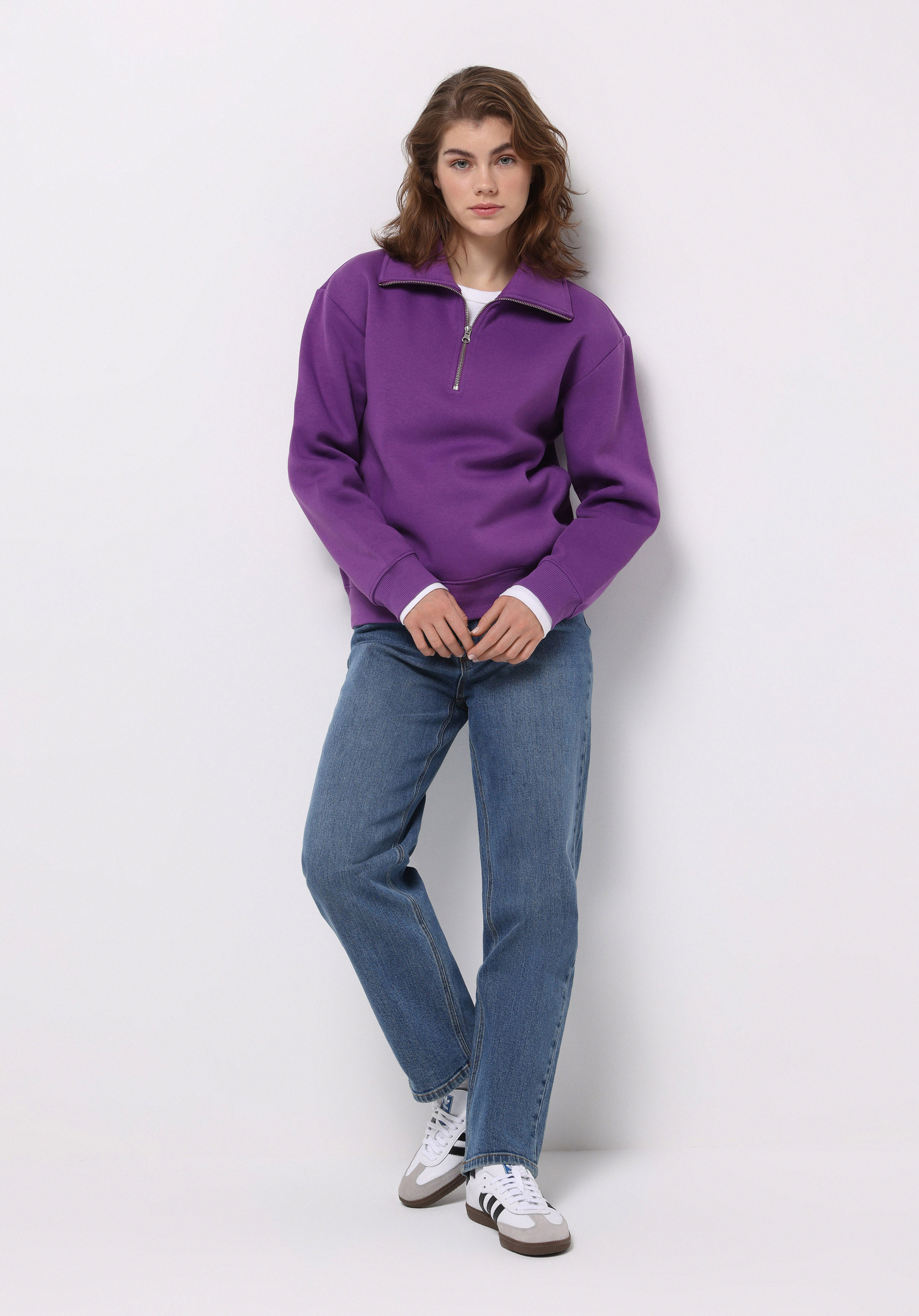 Regular Fit Fermuarlı Nakışlı Kadın Mor Sweatshirt