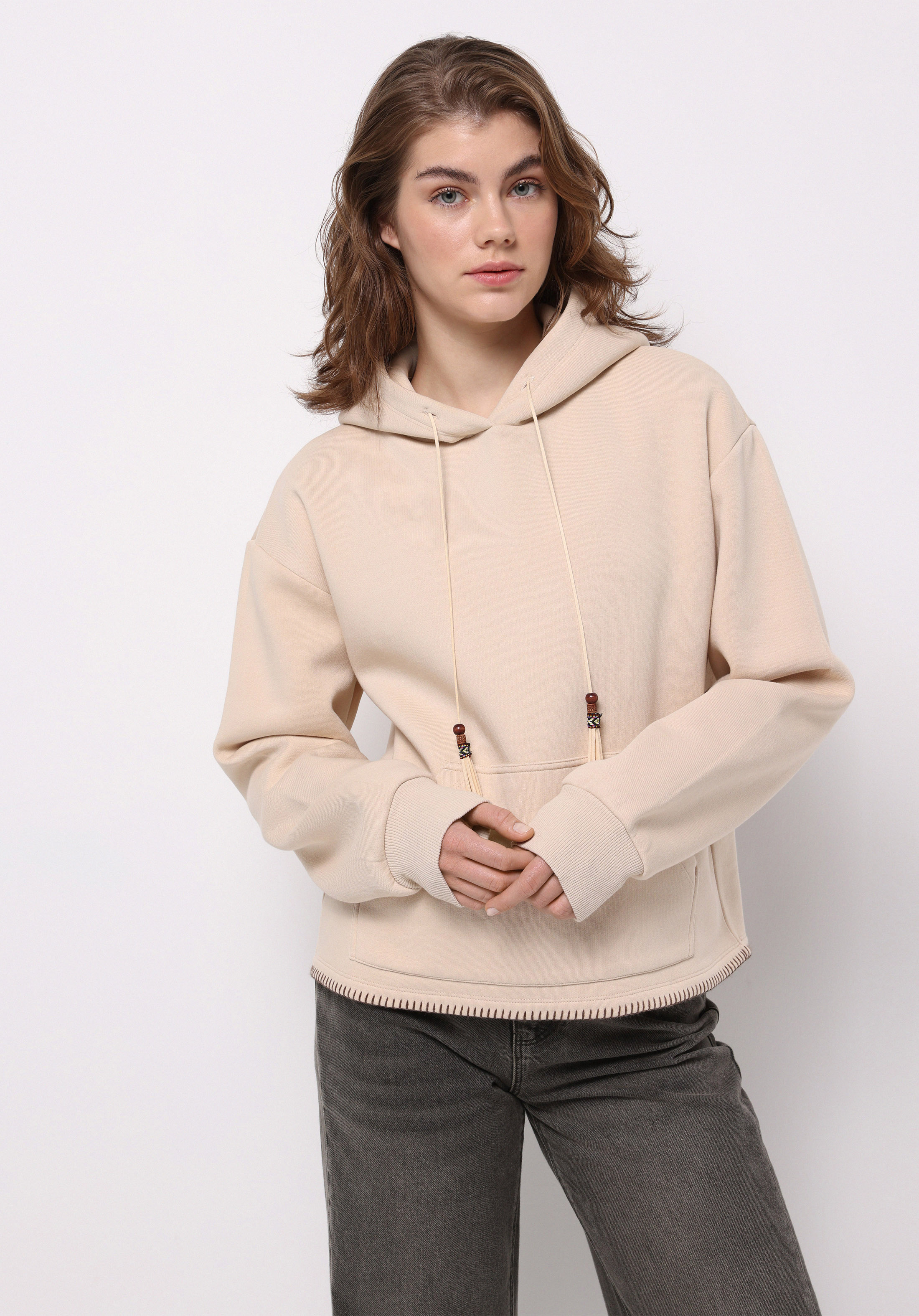 Regular Fit Kapüşonlu Düz Kadın Bej Sweatshirt