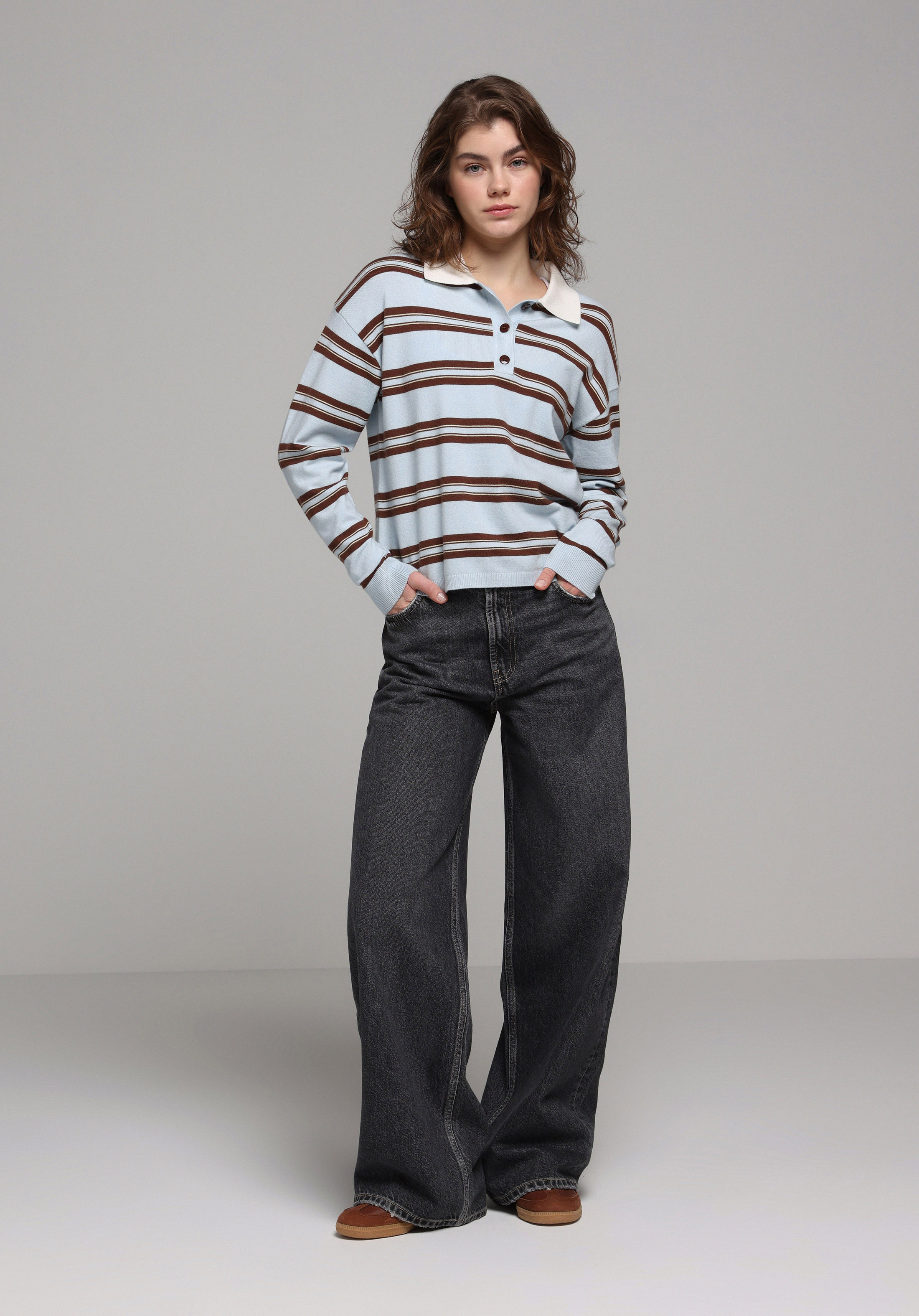 Regular Fit Polo Yaka Çizgili Kadın Mavi Kazak