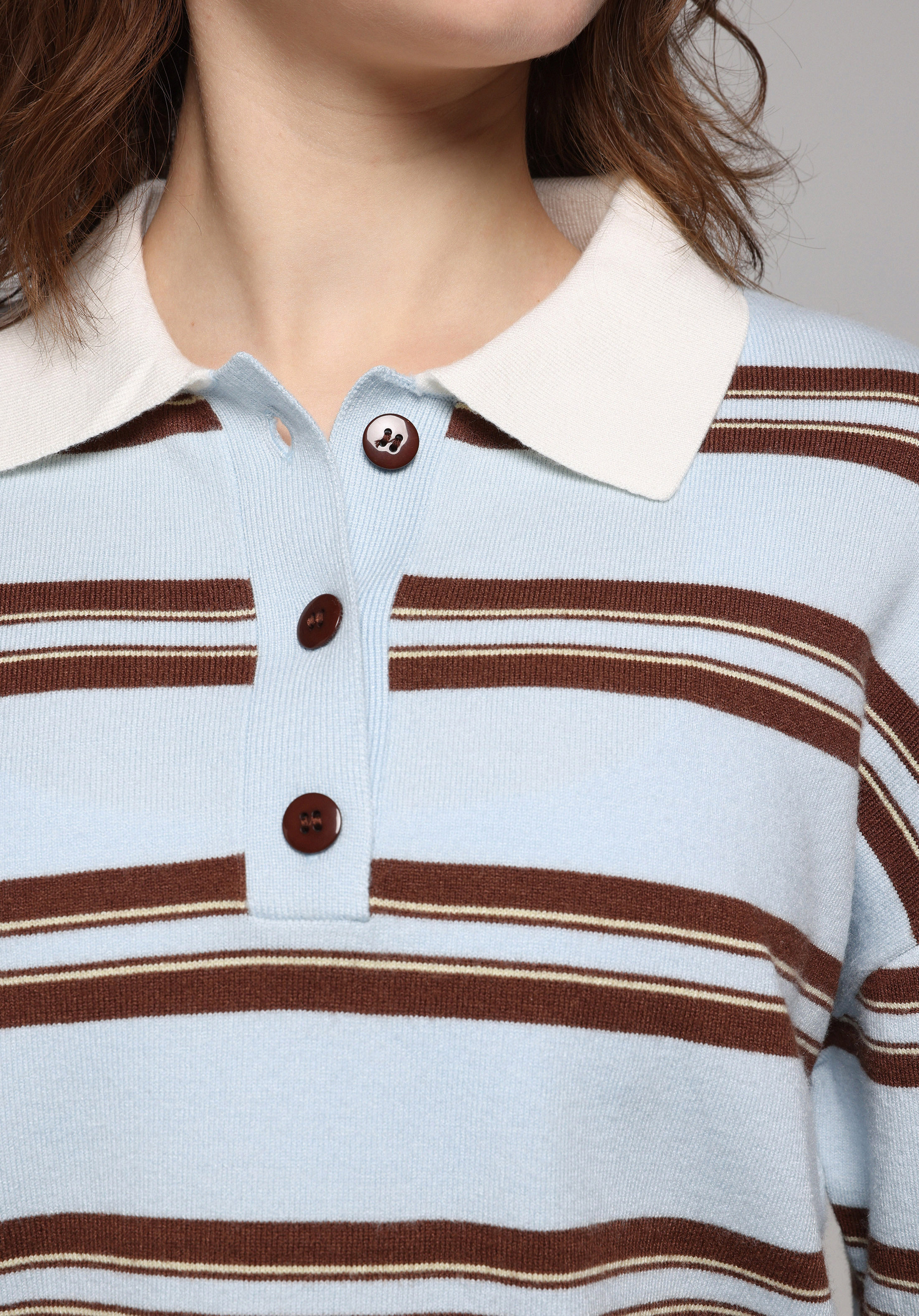 Regular Fit Polo Yaka Çizgili Kadın Mavi Kazak