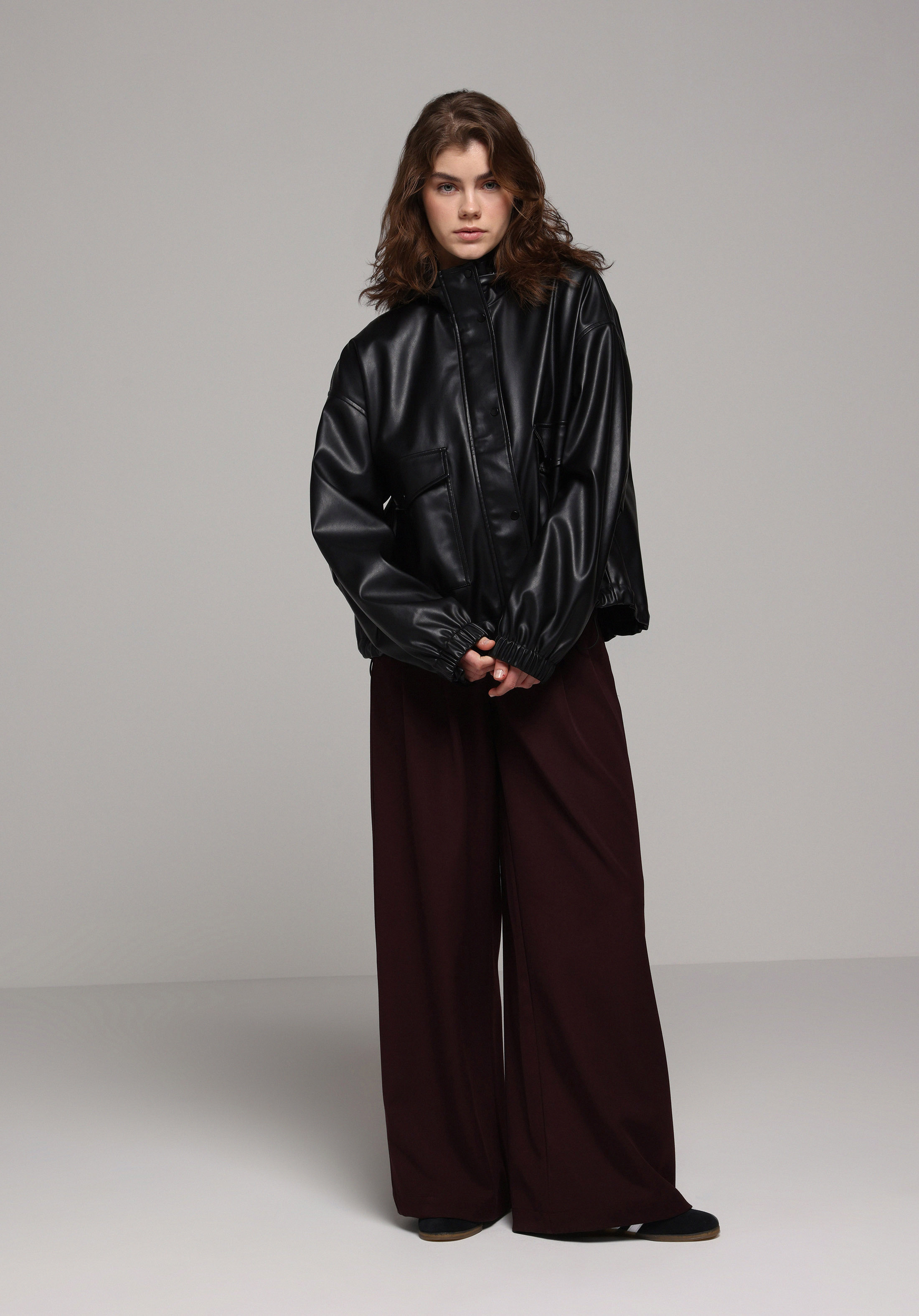 Regular Fit Yüksel Bel Geniş Paça Kadın Bordo  Pantolon