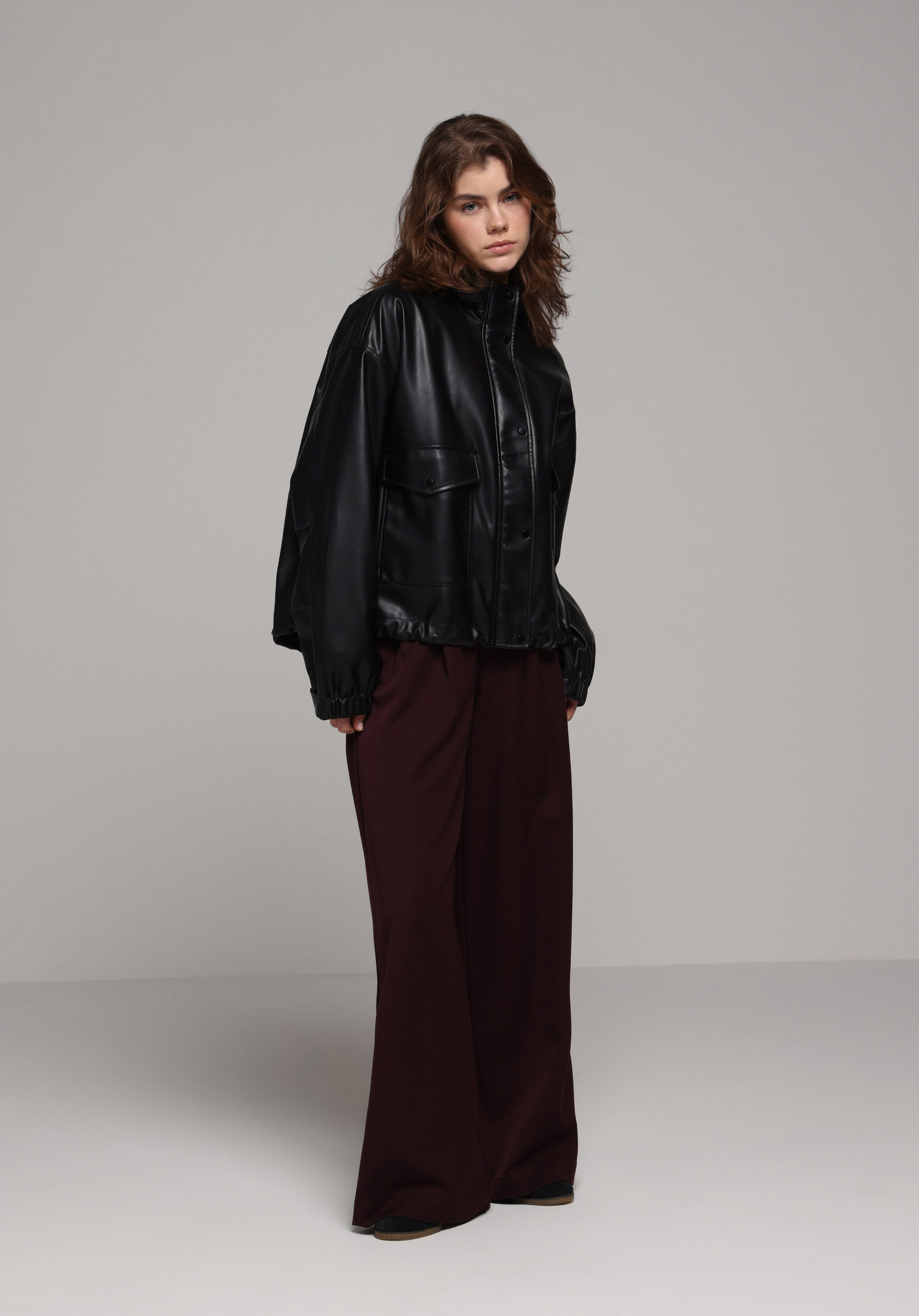 Regular Fit Yüksel Bel Geniş Paça Kadın Bordo  Pantolon