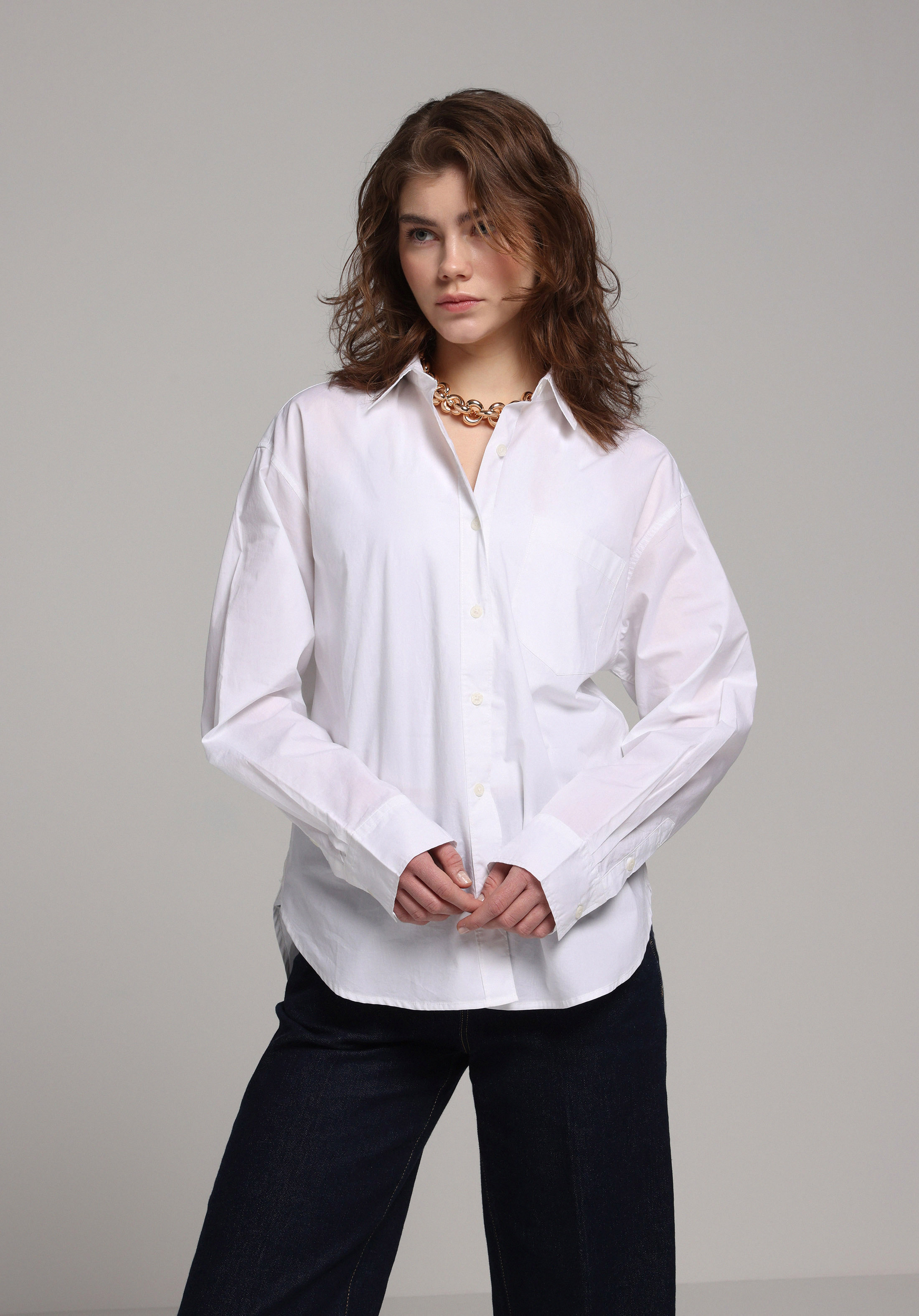 Boyfriend Fit Shirt Neck Düz Kadın Beyaz Uzun Kol Gömlek