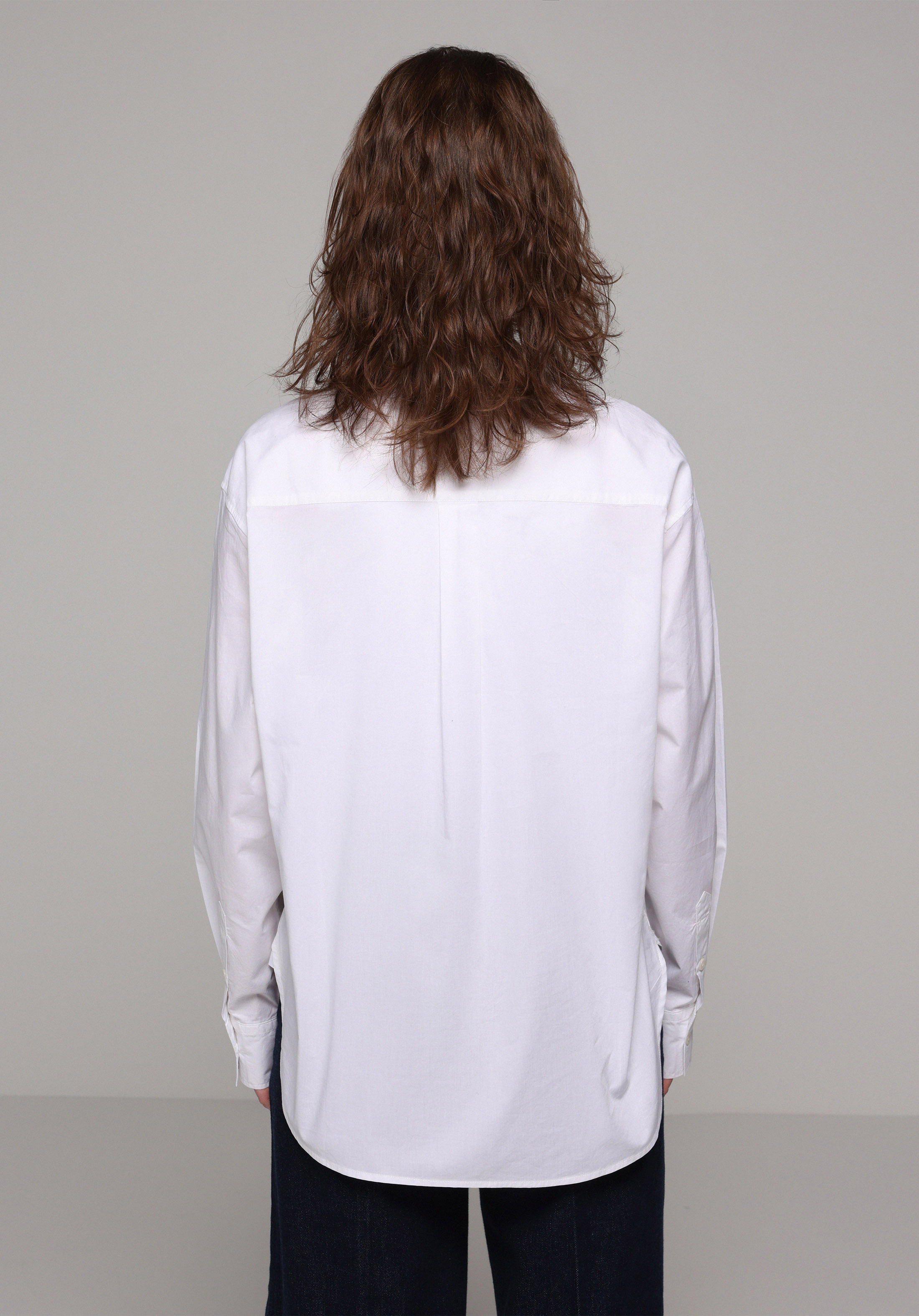 Boyfriend Fit Shirt Neck Düz Kadın Beyaz Uzun Kol Gömlek