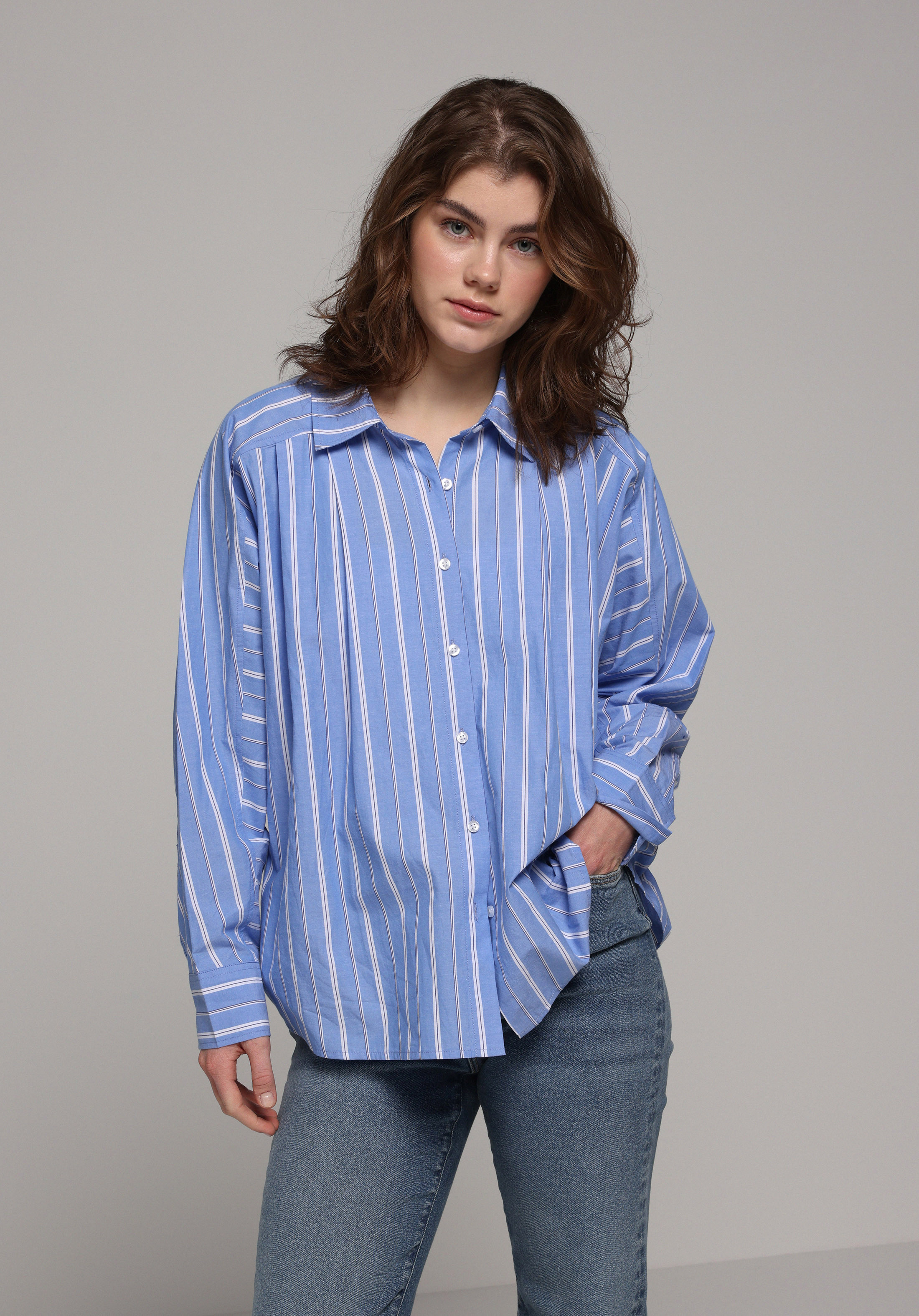 Fashion Fit Shirt Neck Çizgili Kadın Mavi Uzun Kol Gömlek