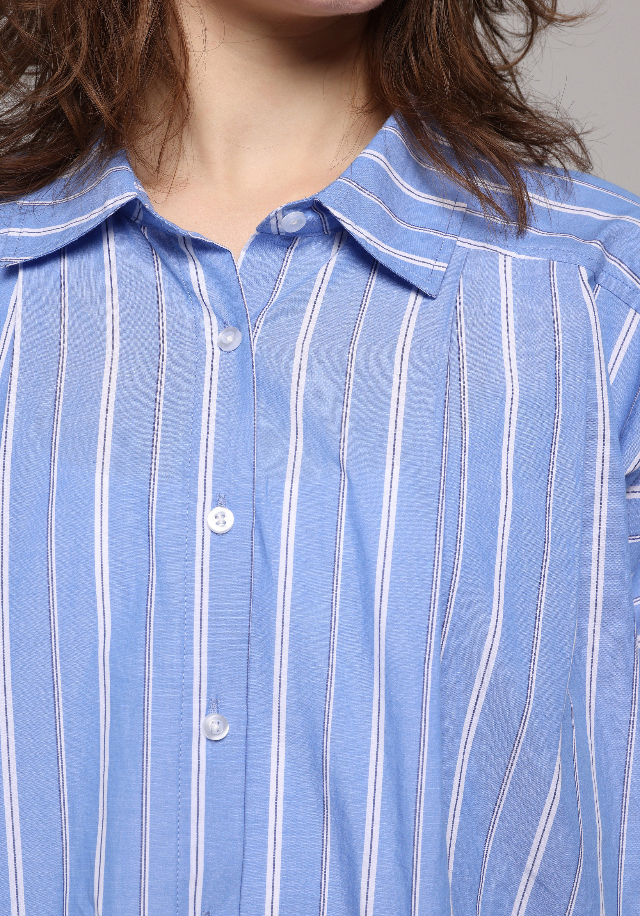 Fashion Fit Shirt Neck Çizgili Kadın Mavi Uzun Kol Gömlek