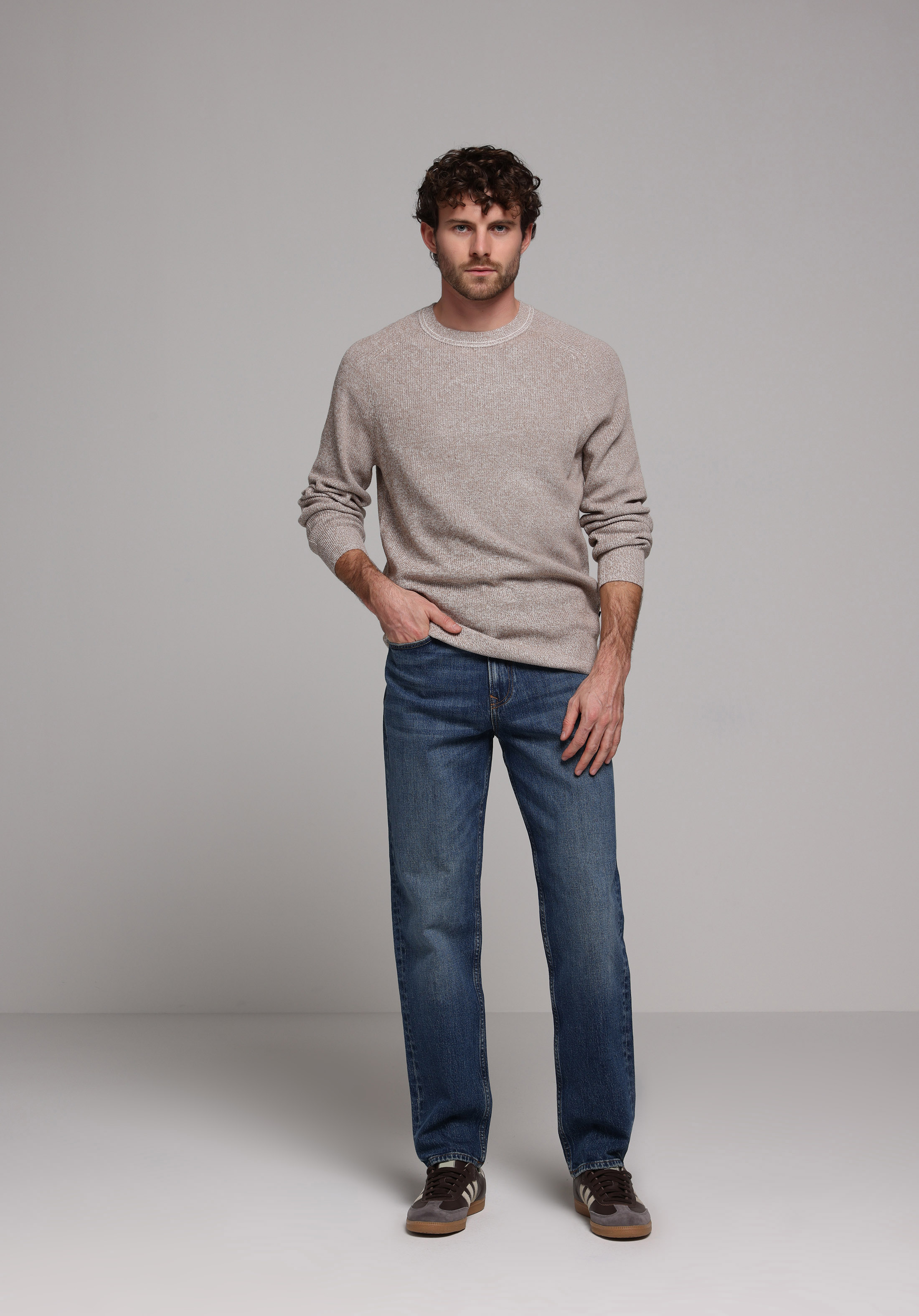 Regular Fit Yuvarlak Yaka Jakarlı Erkek Gri Kazak