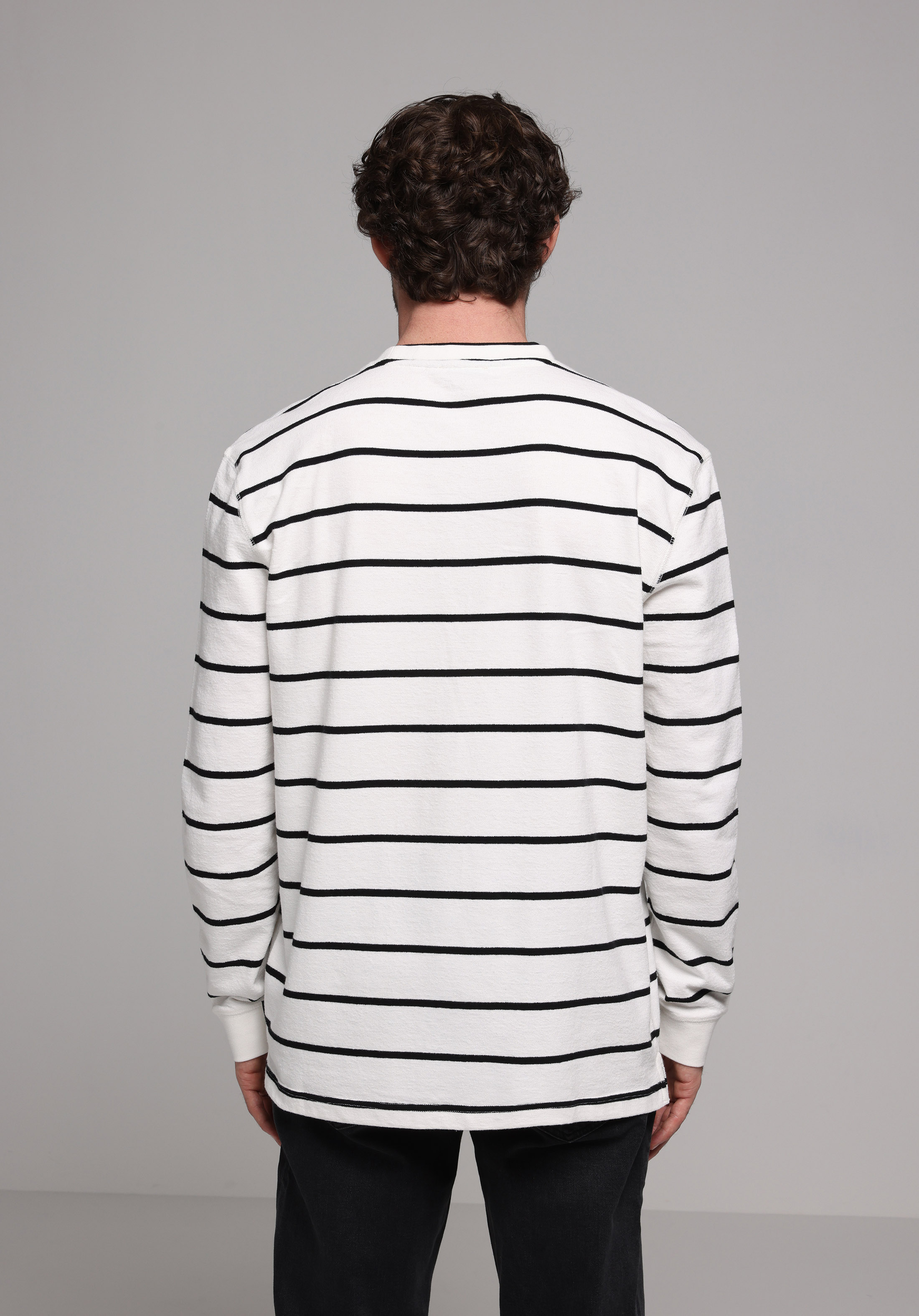 Comfort Fit Yuvarlak Yaka Çizgili Erkek Beyaz Uzun Kol Tişört