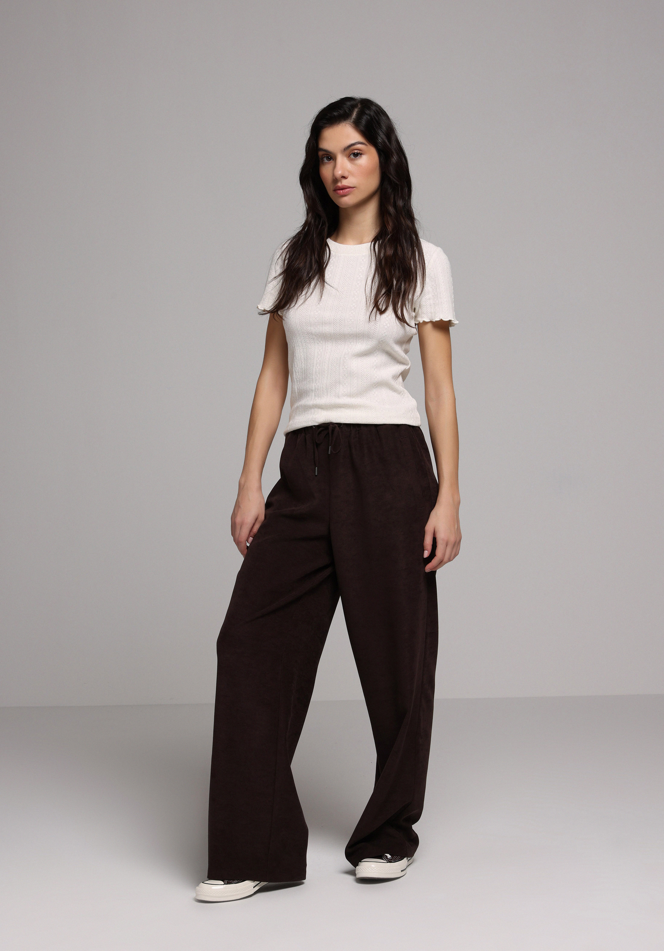 Regular Fıt Yüksel Bel Geniş Paça Kadın Kahverengi  Pantolon