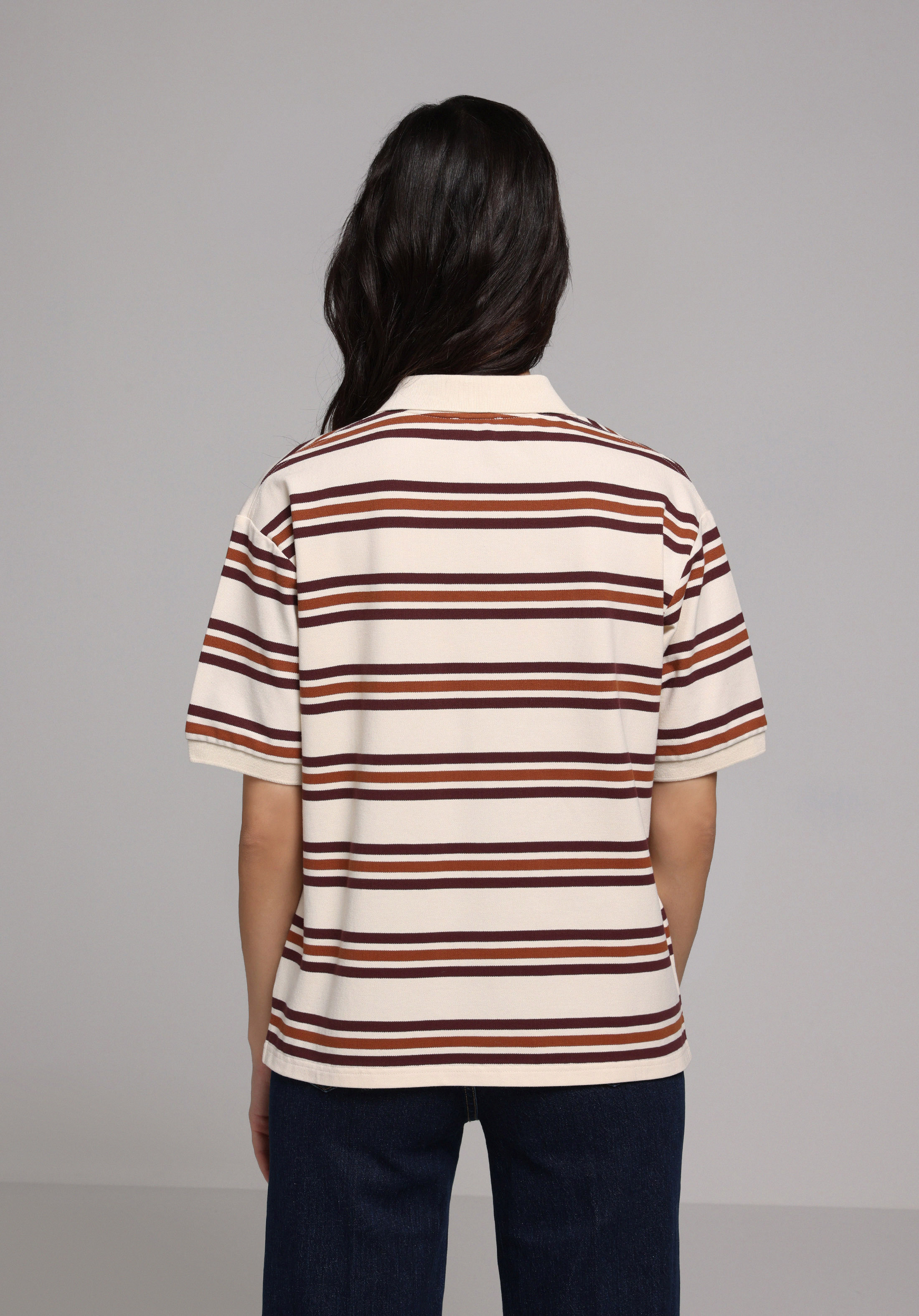 Regular Fit Polo Yaka Çizgili Kadın Çok Renkli Kısa Kol Tişört