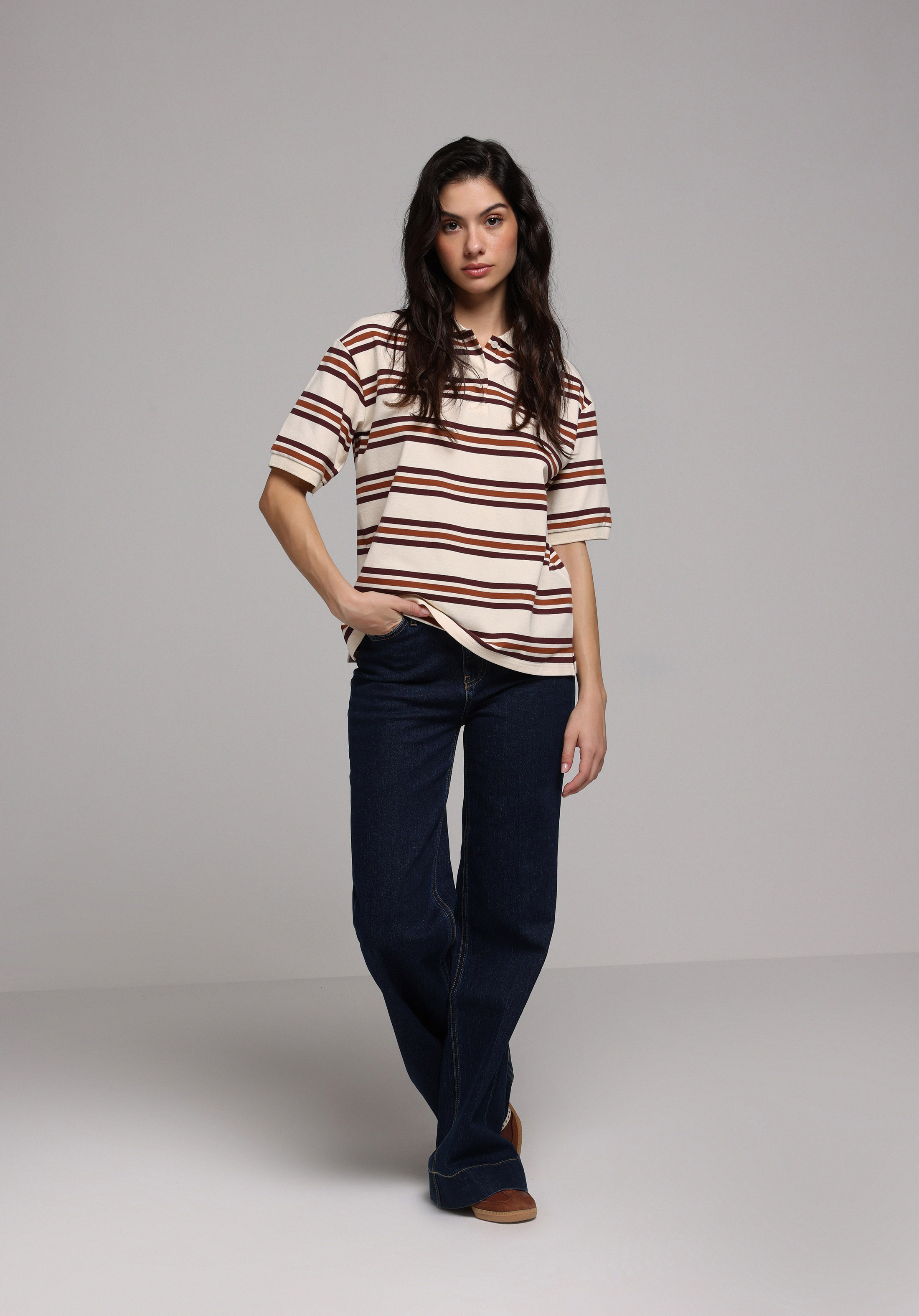 Regular Fit Polo Yaka Çizgili Kadın Çok Renkli Kısa Kol Tişört