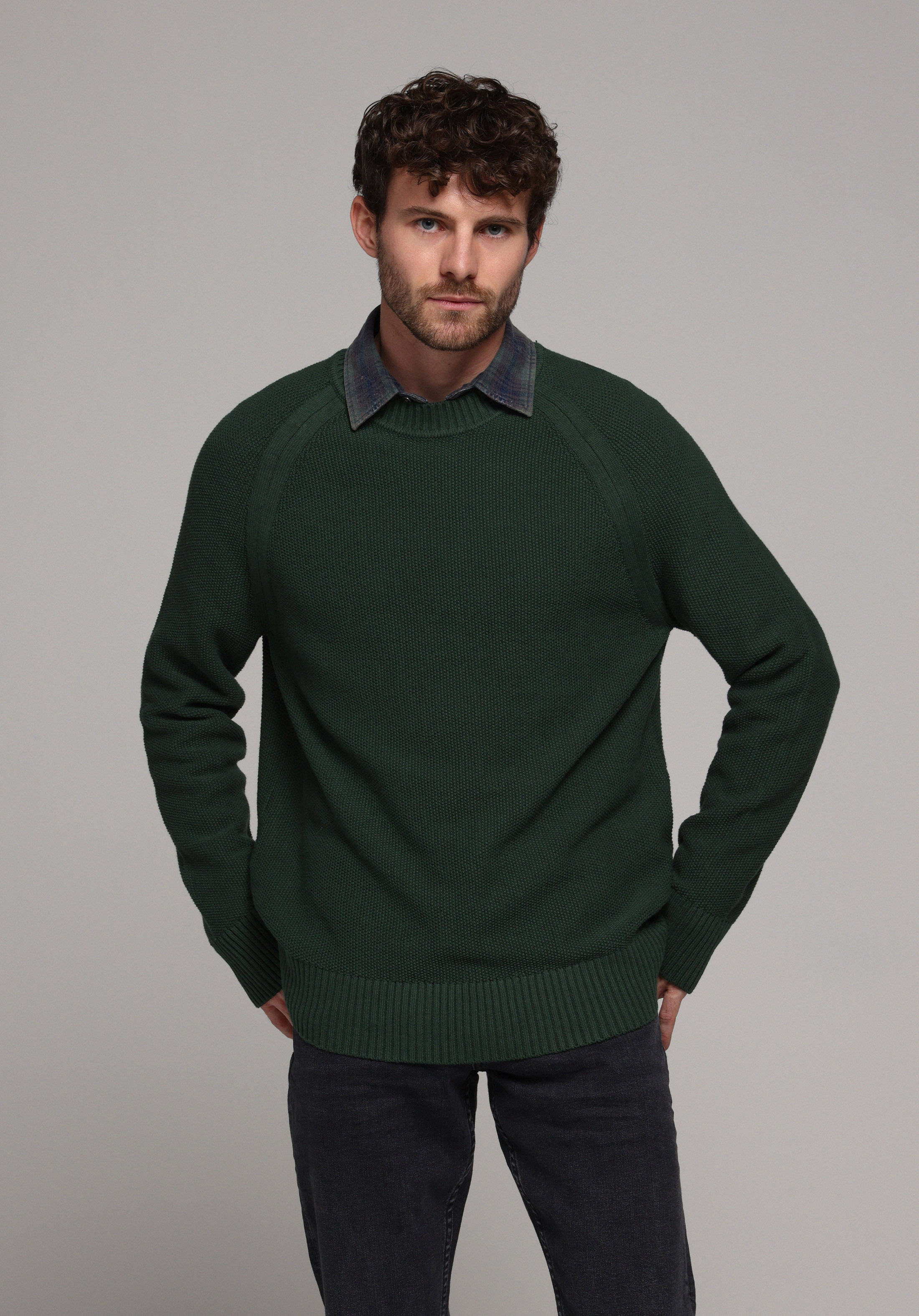Regular Fit Yuvarlak Yaka Jakarlı Erkek Yeşil Kazak