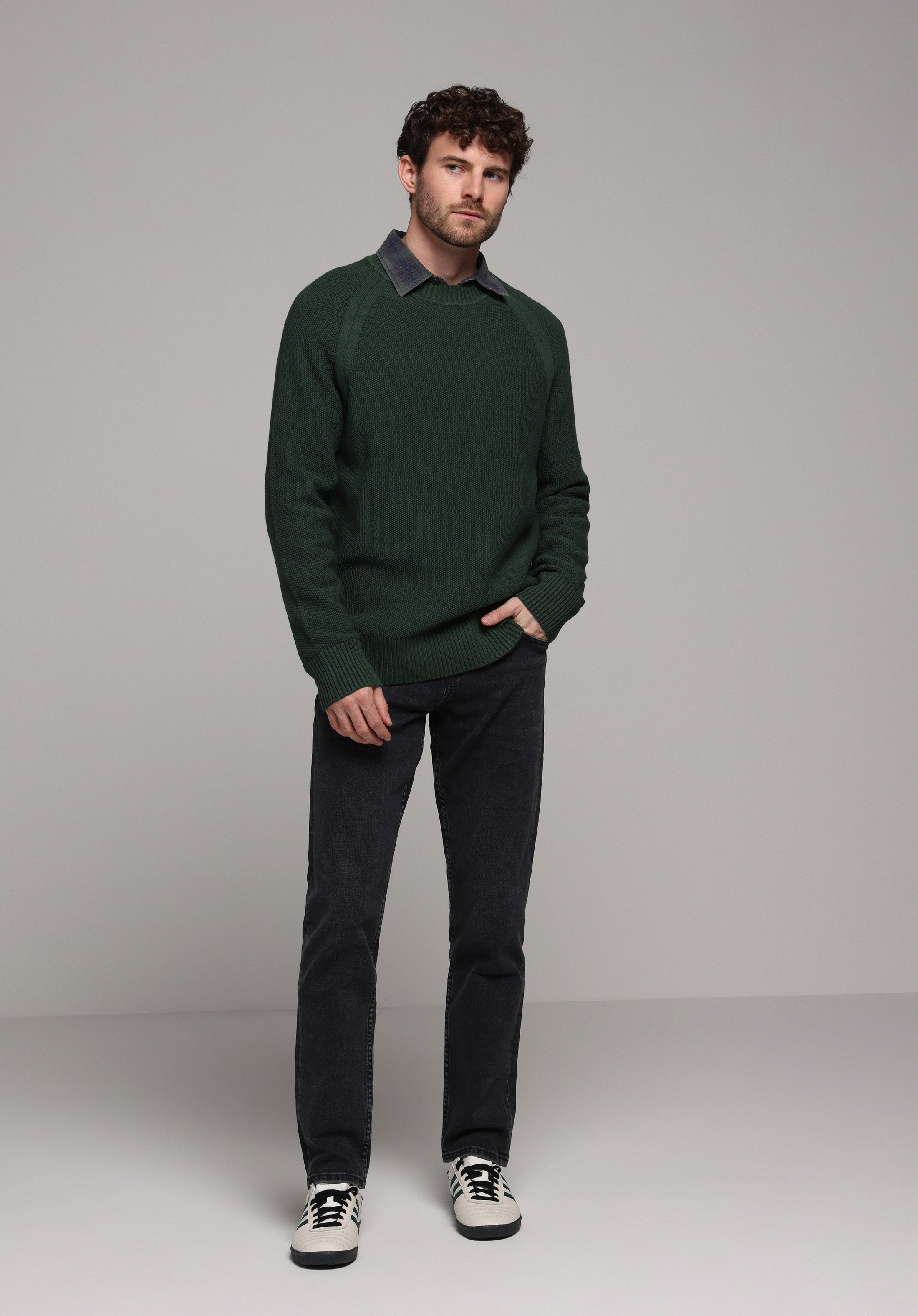 Regular Fit Yuvarlak Yaka Jakarlı Erkek Yeşil Kazak