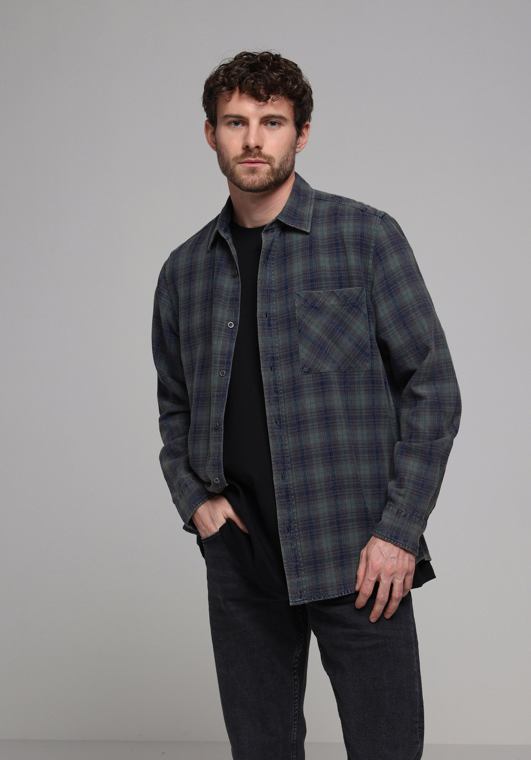 Regular Fit Shirt Neck Ekoseli Erkek Yeşil Uzun Kol Gömlek