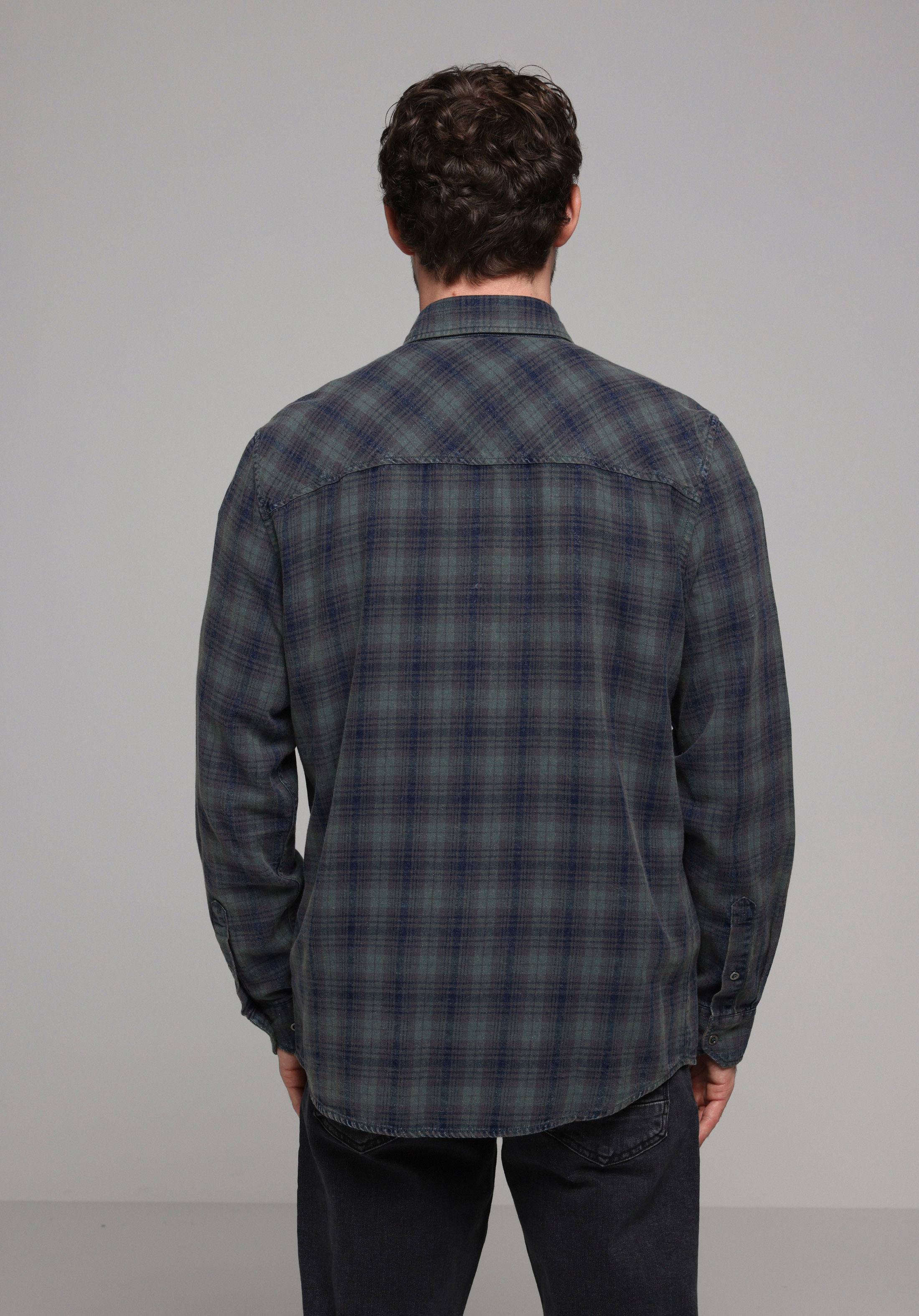 Regular Fit Shirt Neck Ekoseli Erkek Yeşil Uzun Kol Gömlek