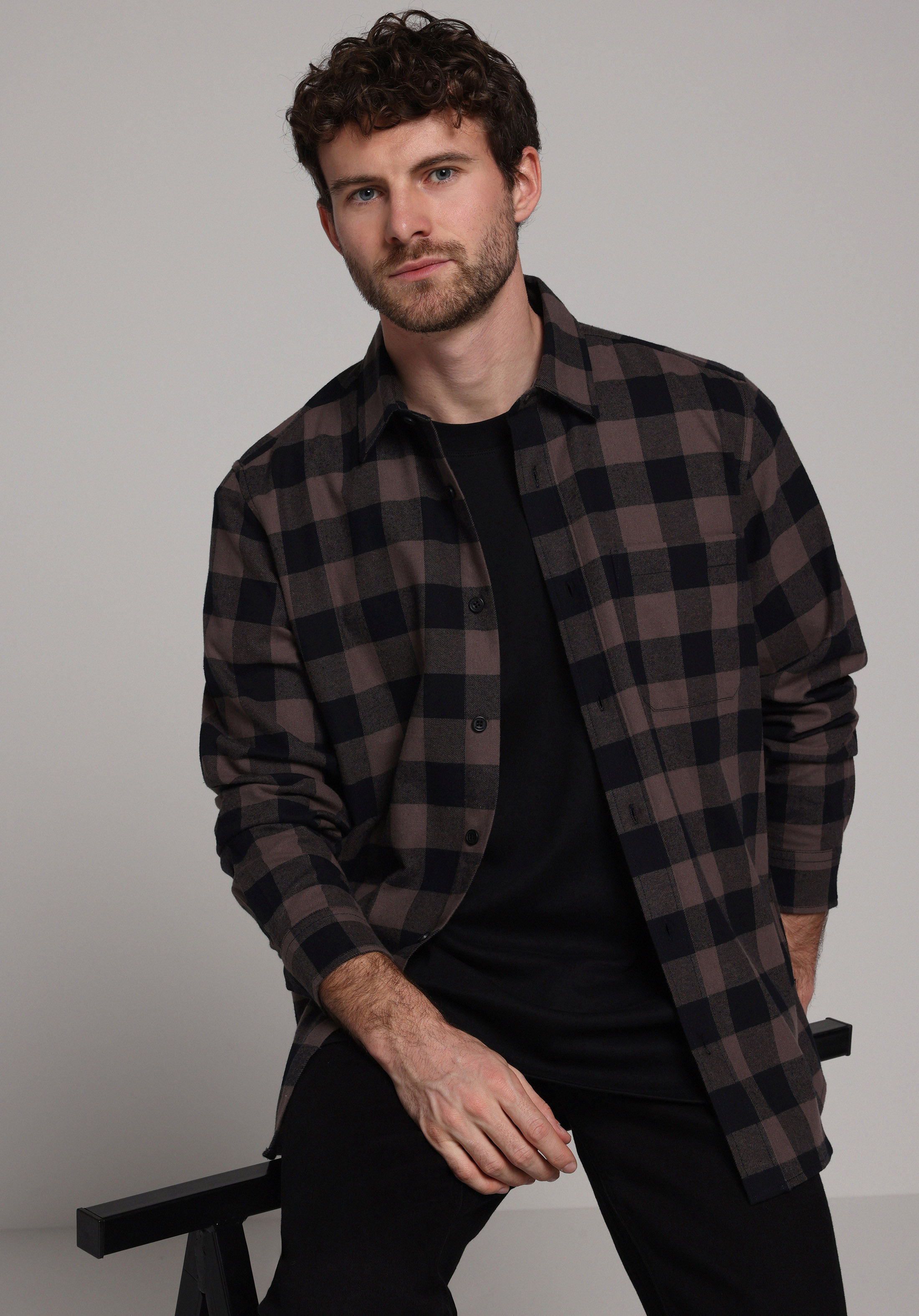 Regular Fit Shirt Neck Kareli Erkek Kahverengi Uzun Kol Gömlek