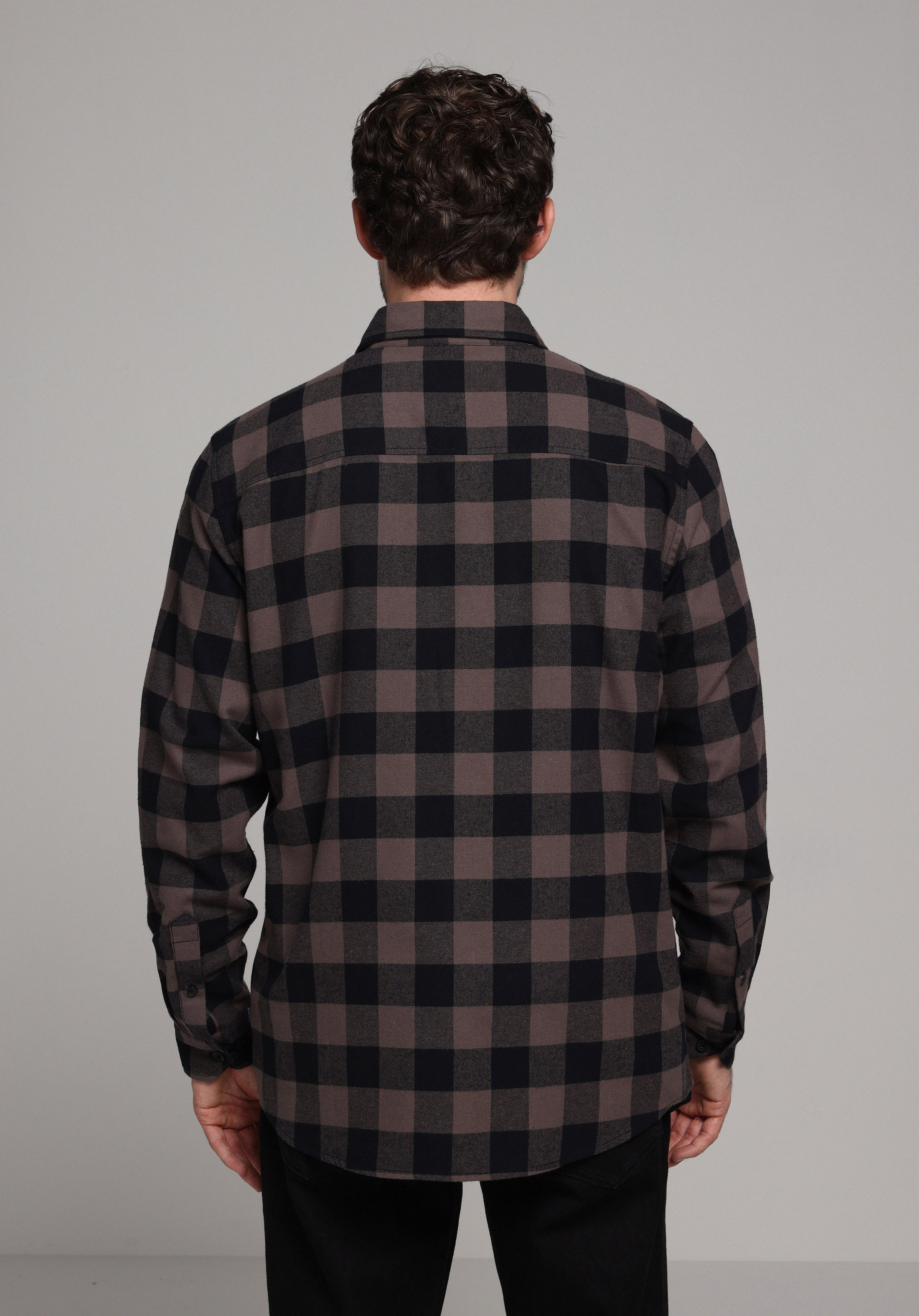 Regular Fit Shirt Neck Kareli Erkek Kahverengi Uzun Kol Gömlek