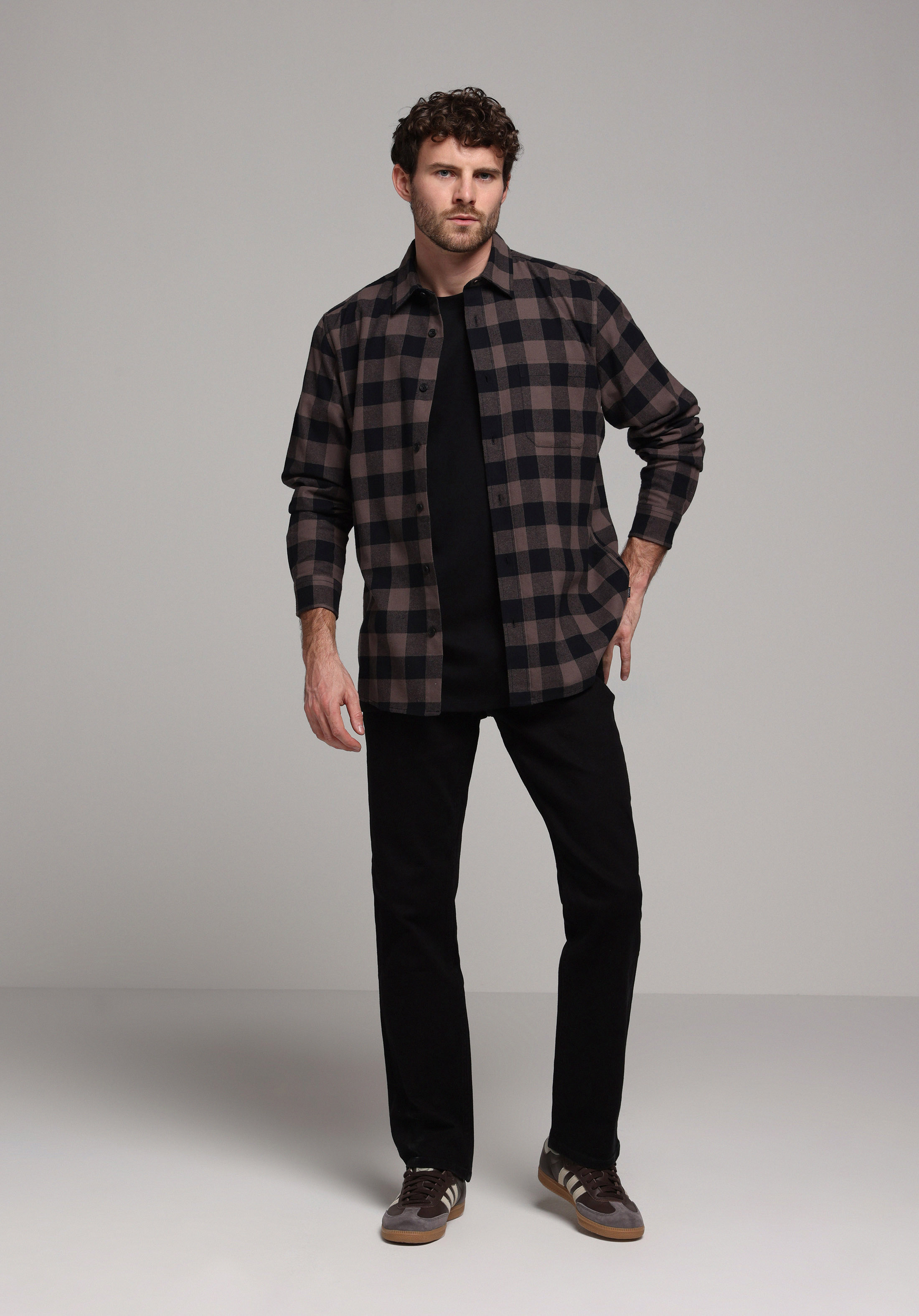 Regular Fit Shirt Neck Kareli Erkek Kahverengi Uzun Kol Gömlek