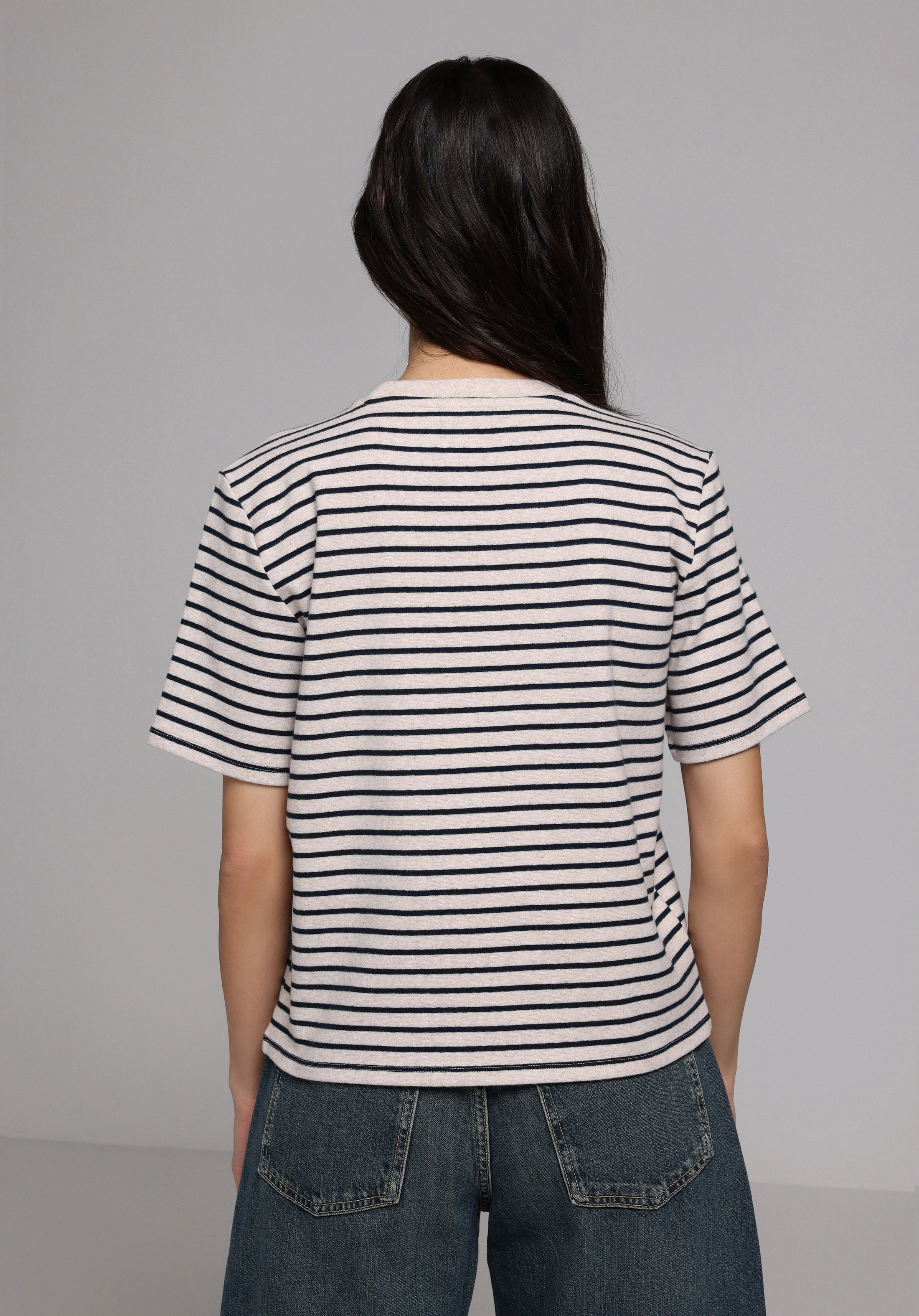 Regular Fit Yuvarlak Yaka Çizgili Kadın Bej Kısa Kol Tişört