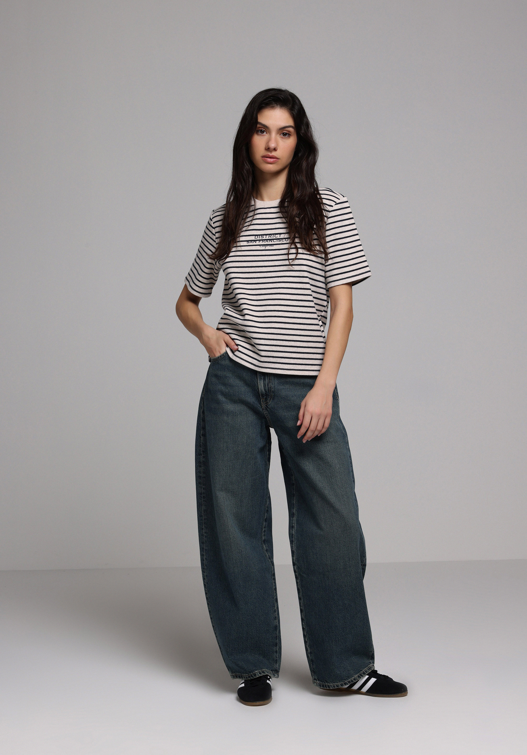 Regular Fit Yuvarlak Yaka Çizgili Kadın Bej Kısa Kol Tişört