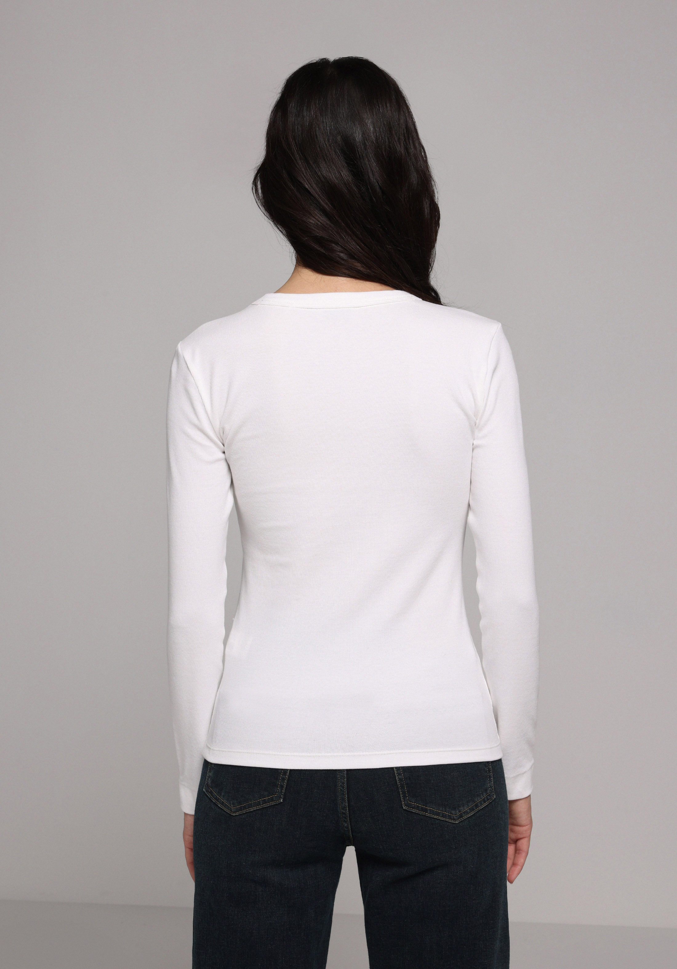 Slim Fit Yuvarlak Yaka Düz Kadın Beyaz Uzun Kol Tişört