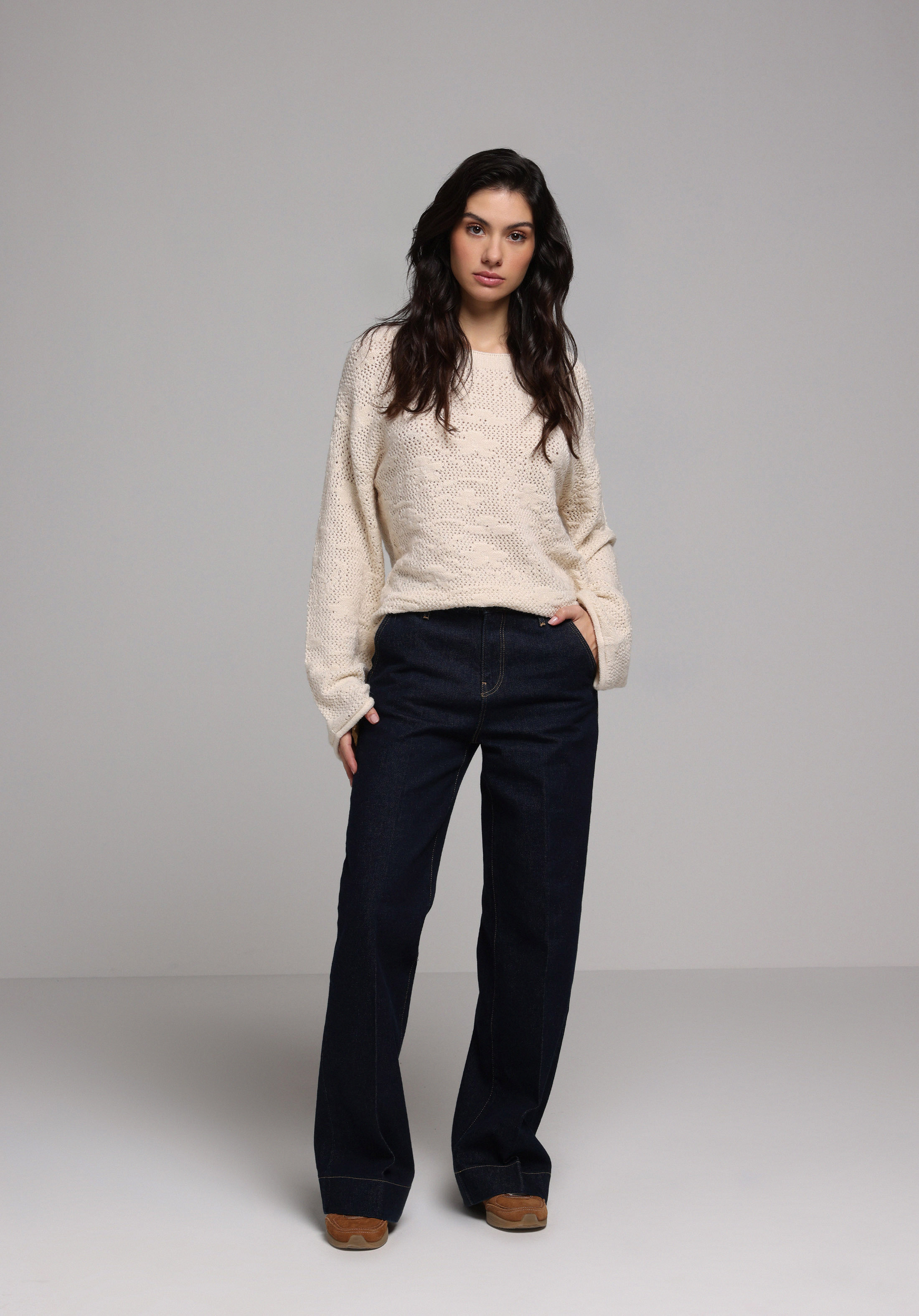 Regular Fit Yuvarlak Yaka Düz Kadın Ekru Kazak