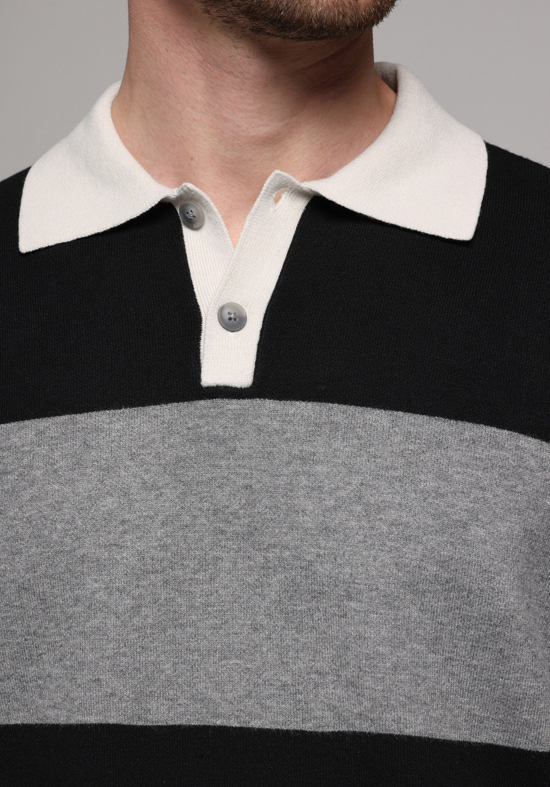 Comfort Fit Polo Yaka Jakarlı Erkek Siyah Kazak