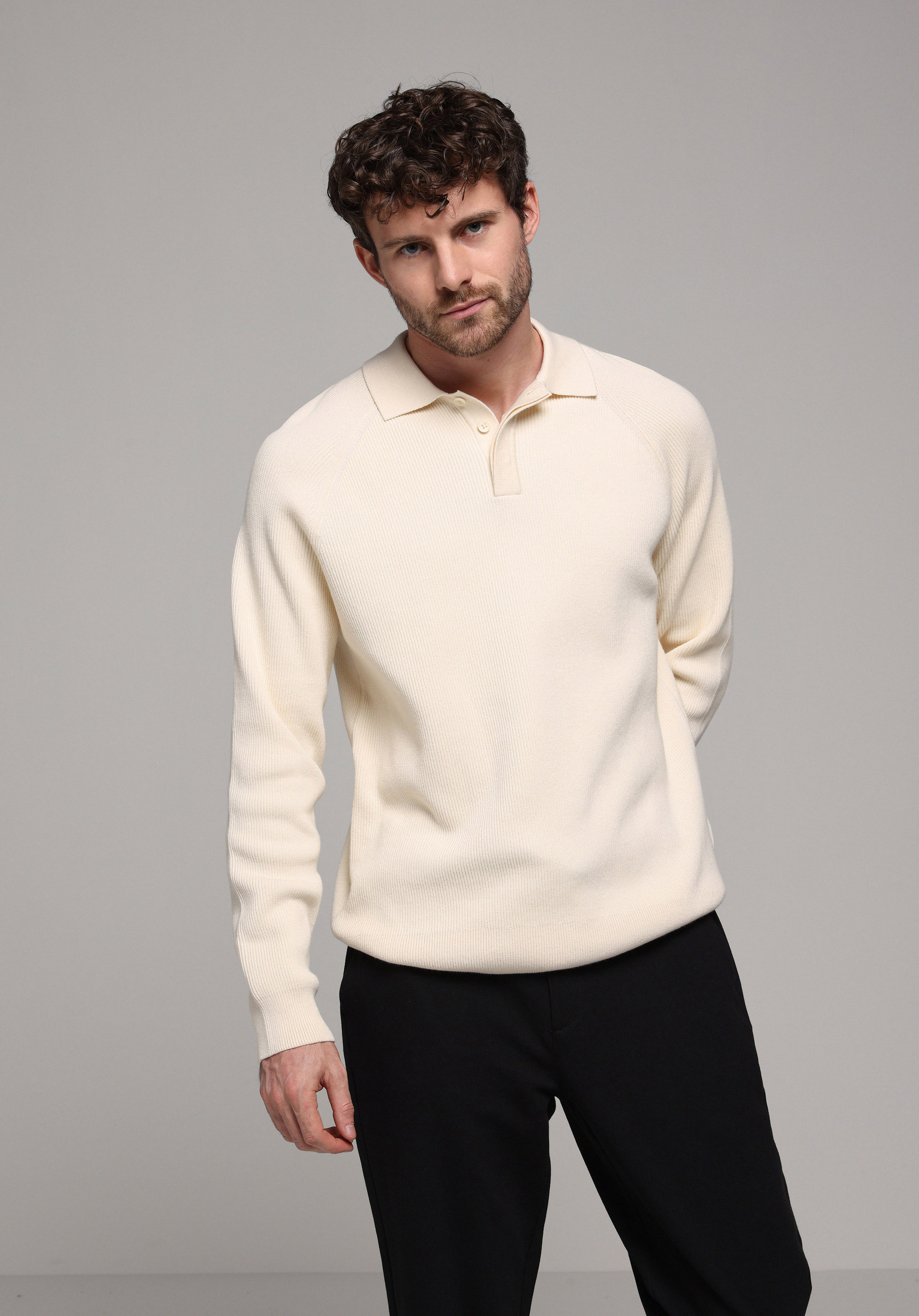 Regular Fit Polo Yaka Jakarlı Erkek Bej Kazak