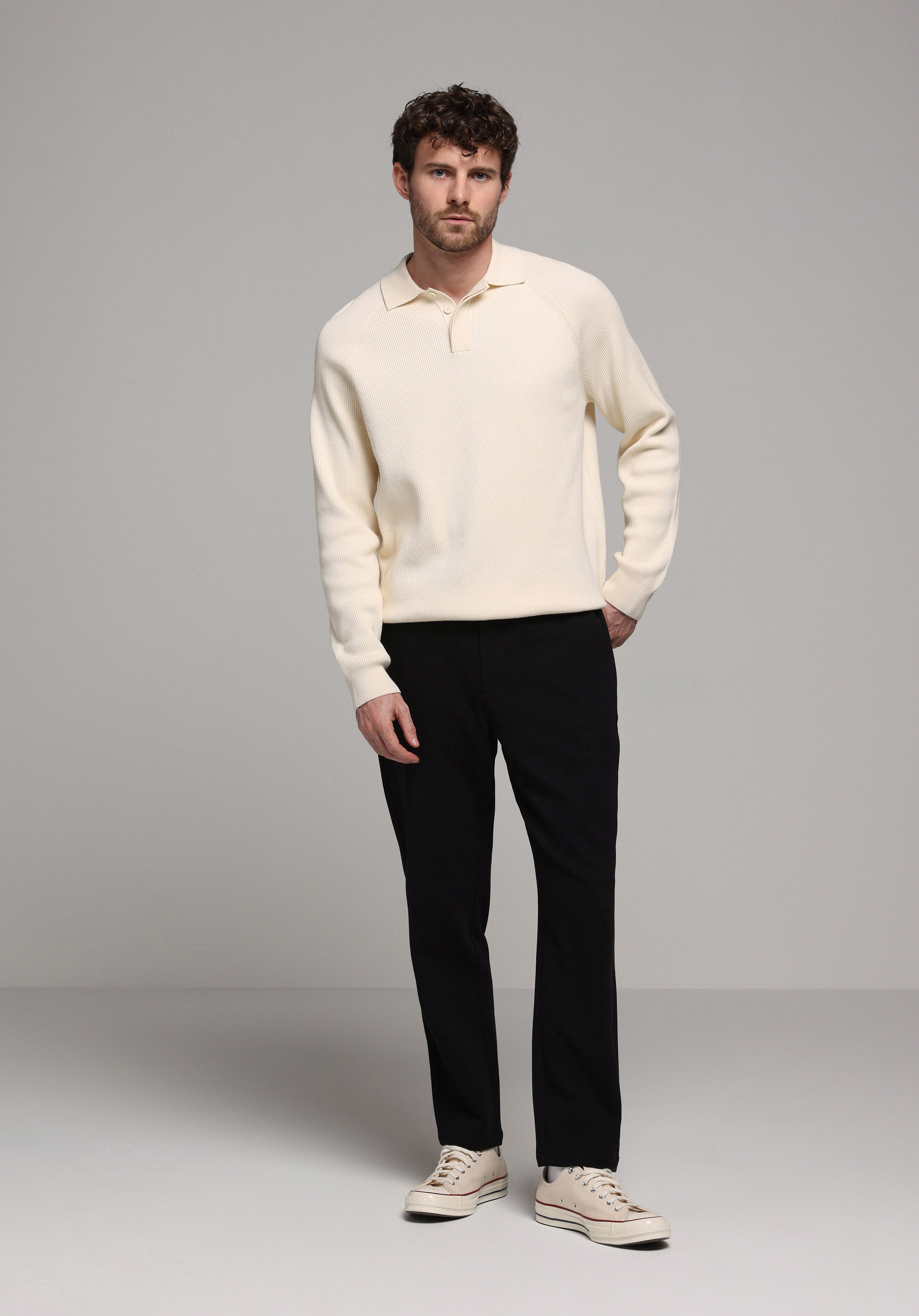 Regular Fit Polo Yaka Jakarlı Erkek Bej Kazak