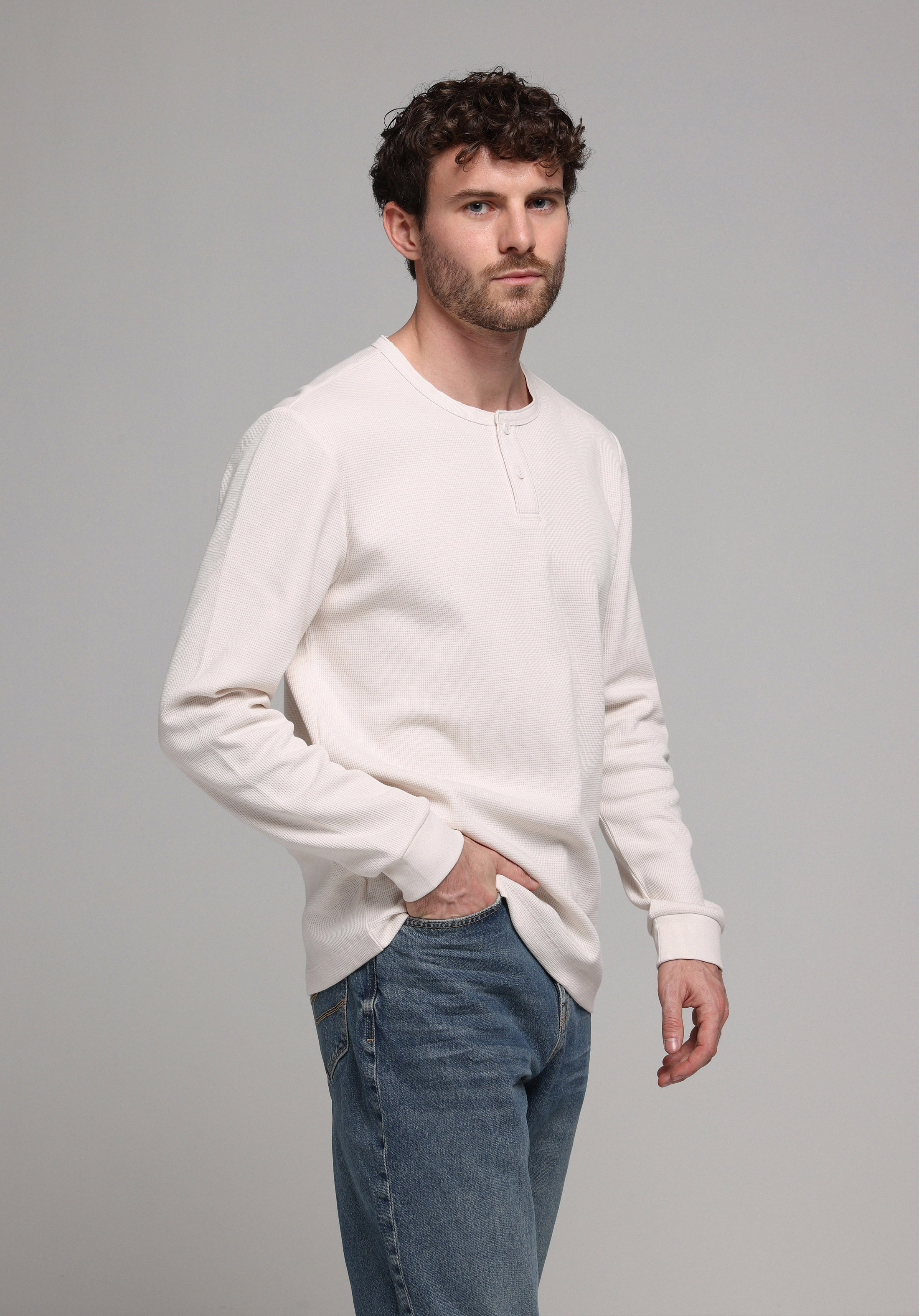 Regular Fit Düğmeli Yaka Düz Erkek Bej Uzun Kol Tişört