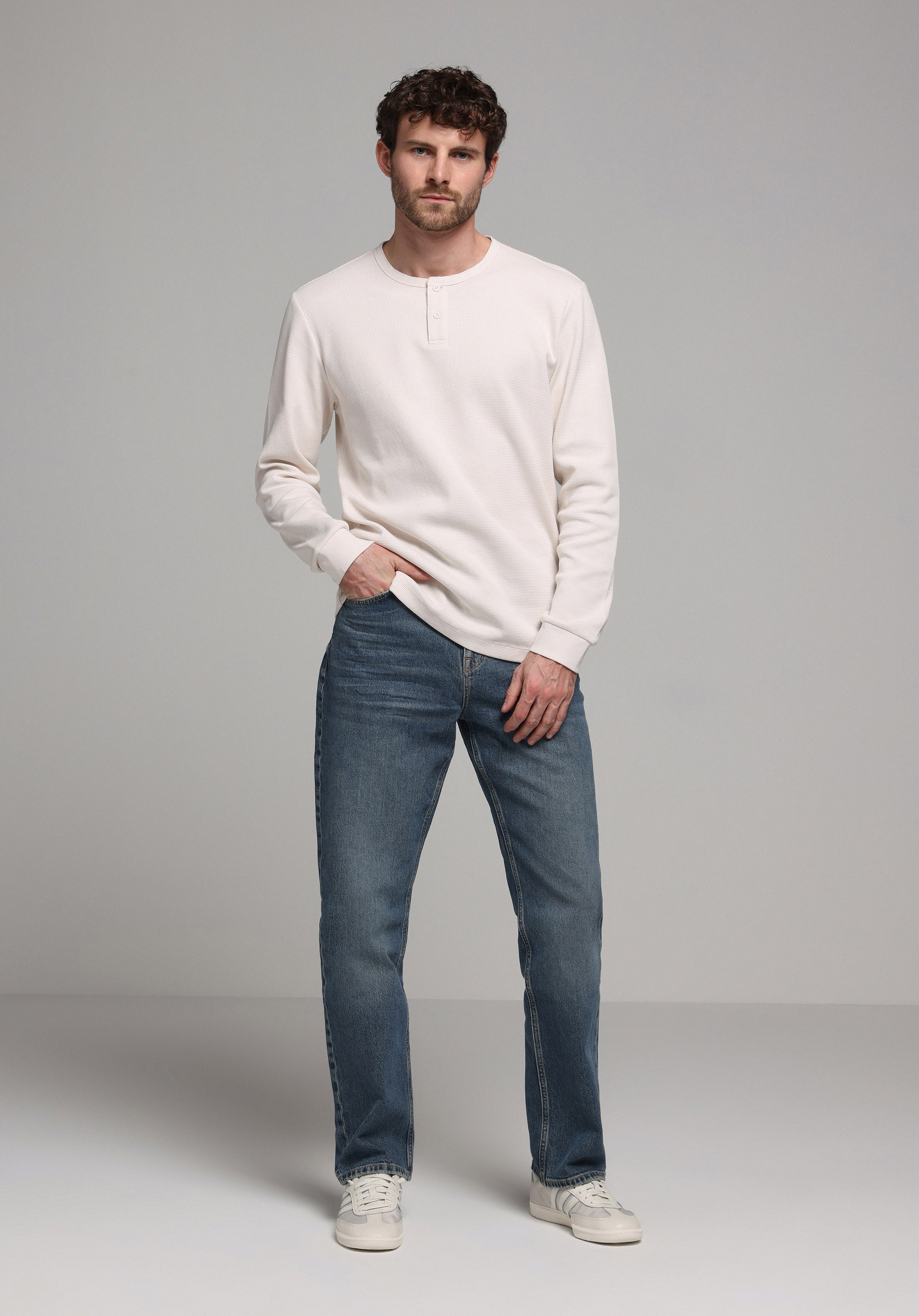 Regular Fit Düğmeli Yaka Düz Erkek Bej Uzun Kol Tişört