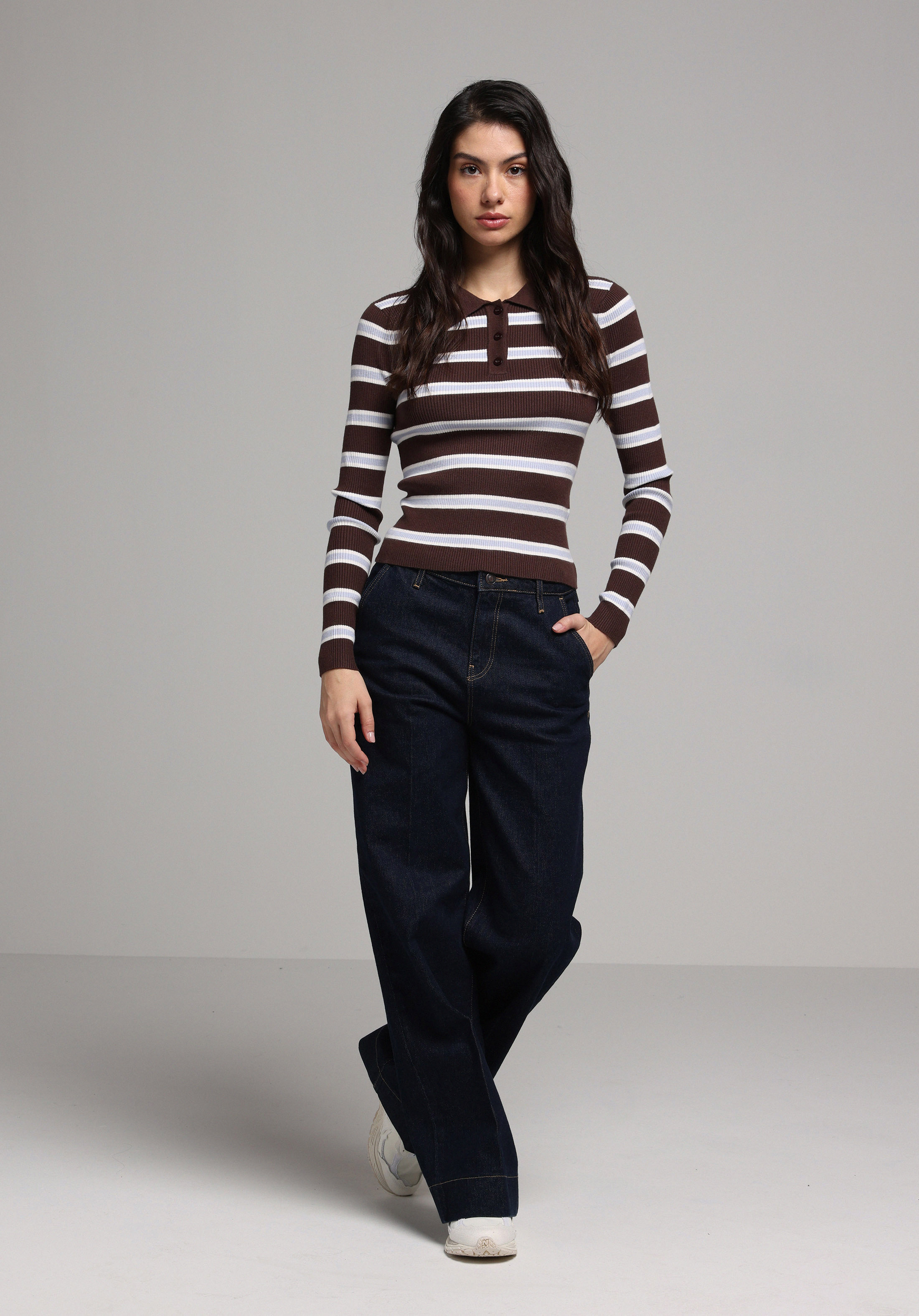 Slim Fit Polo Yaka Çizgili Kadın Kahverengi Kazak