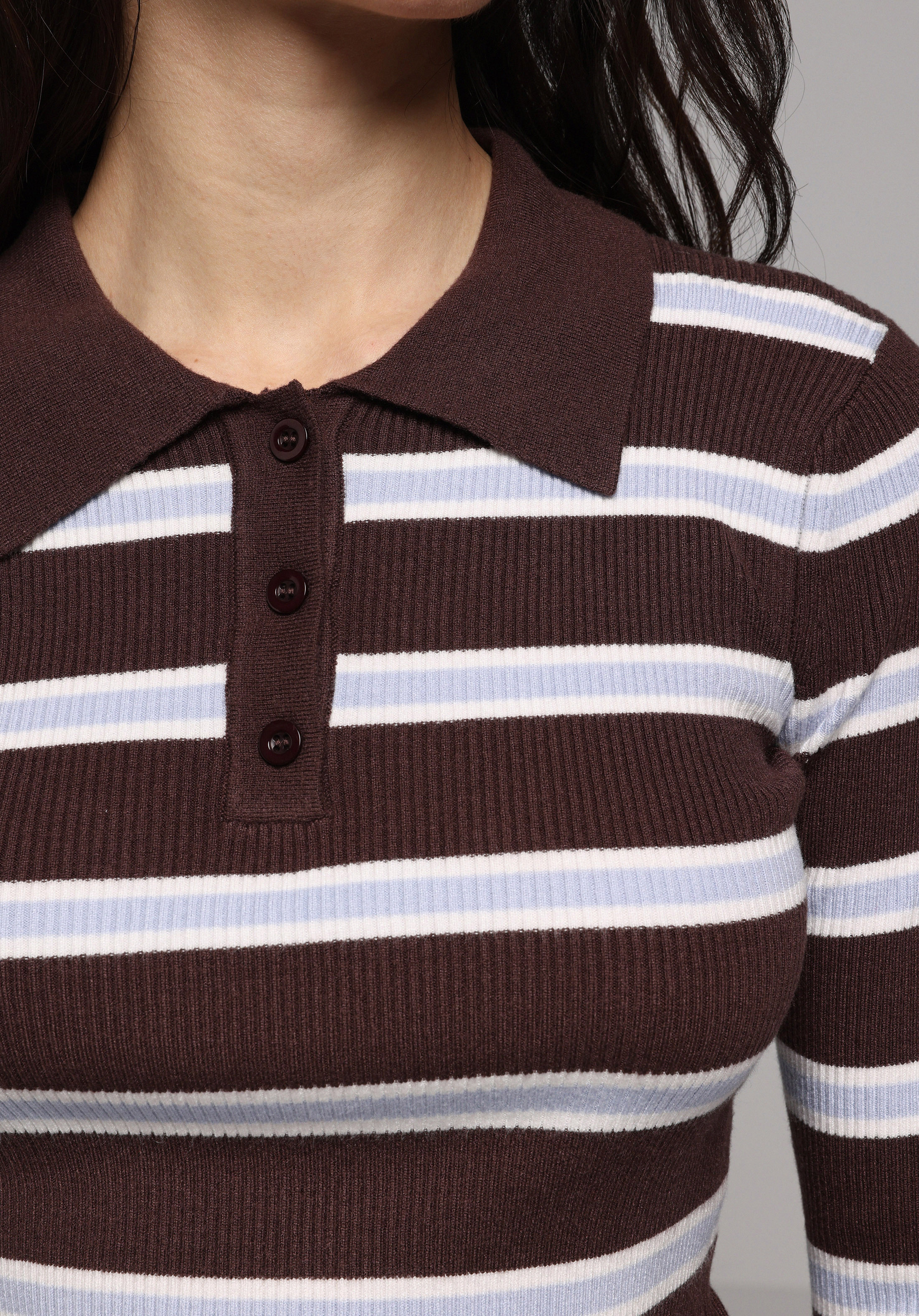 Slim Fit Polo Yaka Çizgili Kadın Kahverengi Kazak