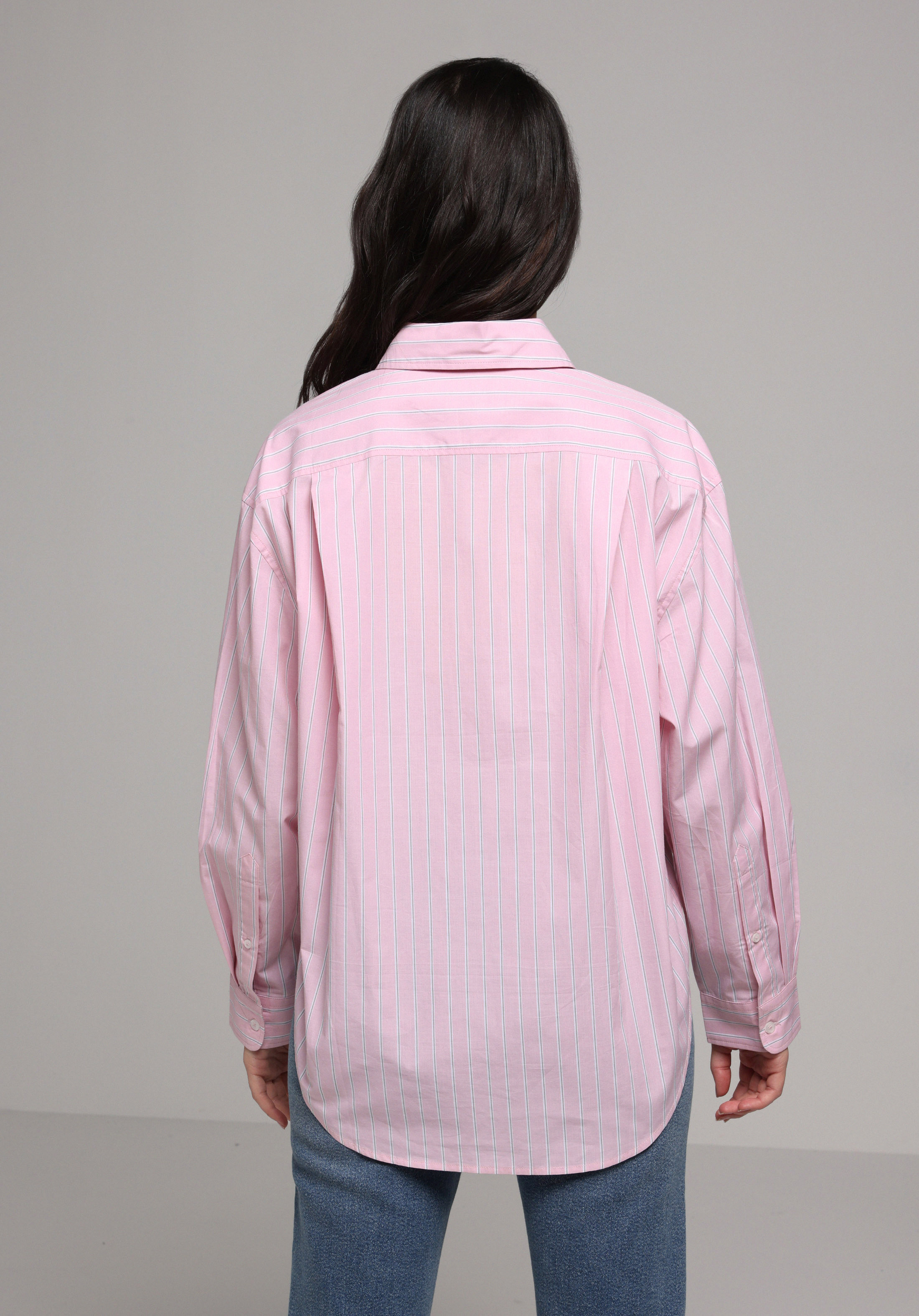 Oversize Fit Shirt Neck Çizgili Kadın Pembe Uzun Kol Gömlek