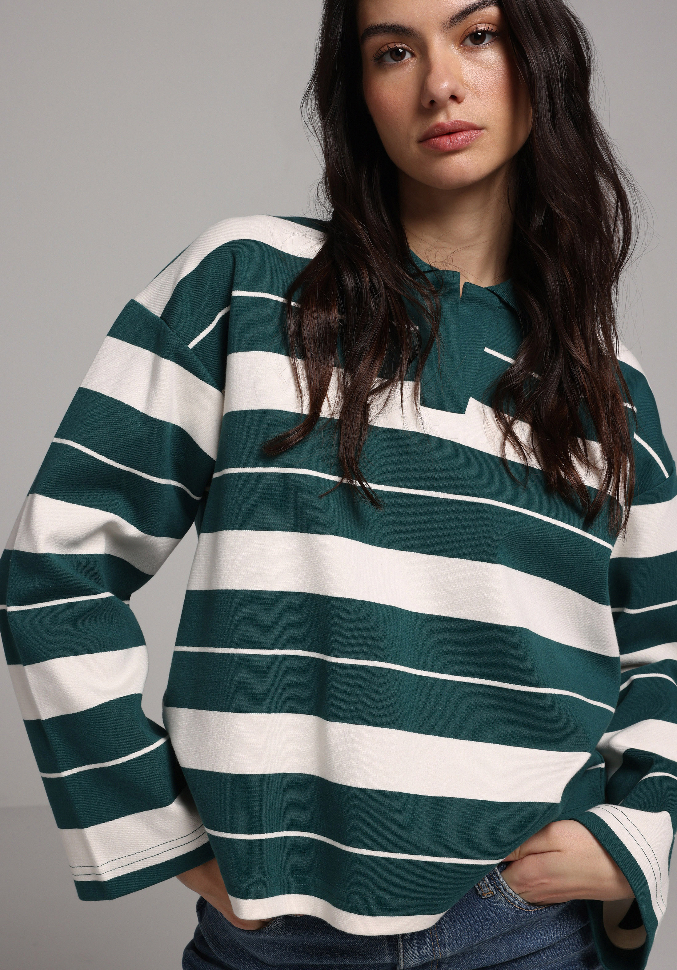 Regular Fit Polo Yaka Çizgili Kadın Yeşil Uzun Kol Tişört