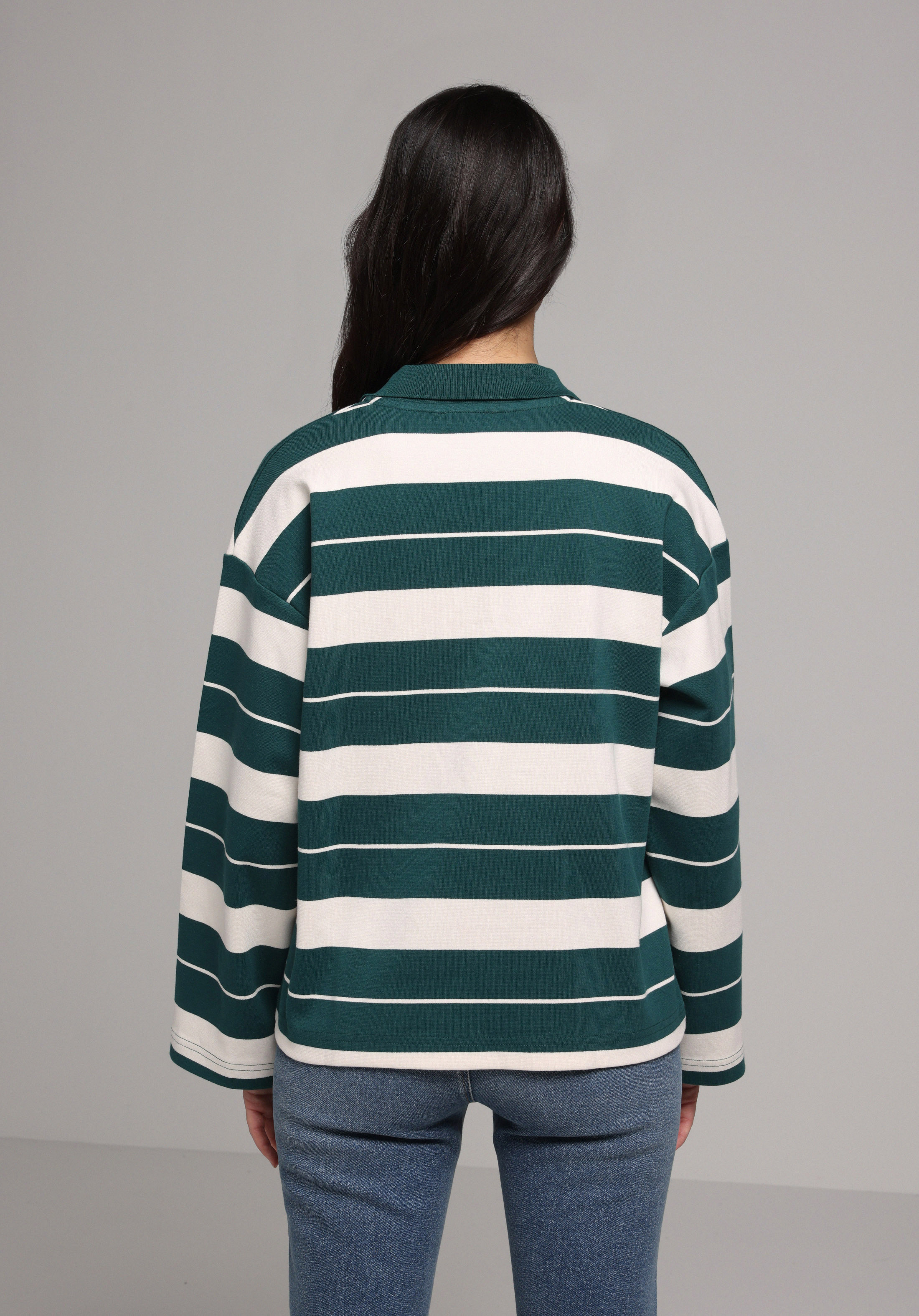 Regular Fit Polo Yaka Çizgili Kadın Yeşil Uzun Kol Tişört