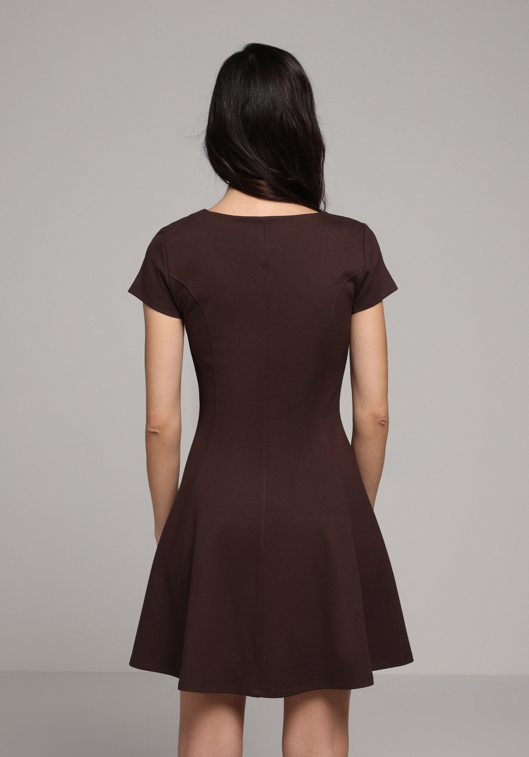 Slim Fit Düz Kadın Kahverengi Kısa Kol Elbise