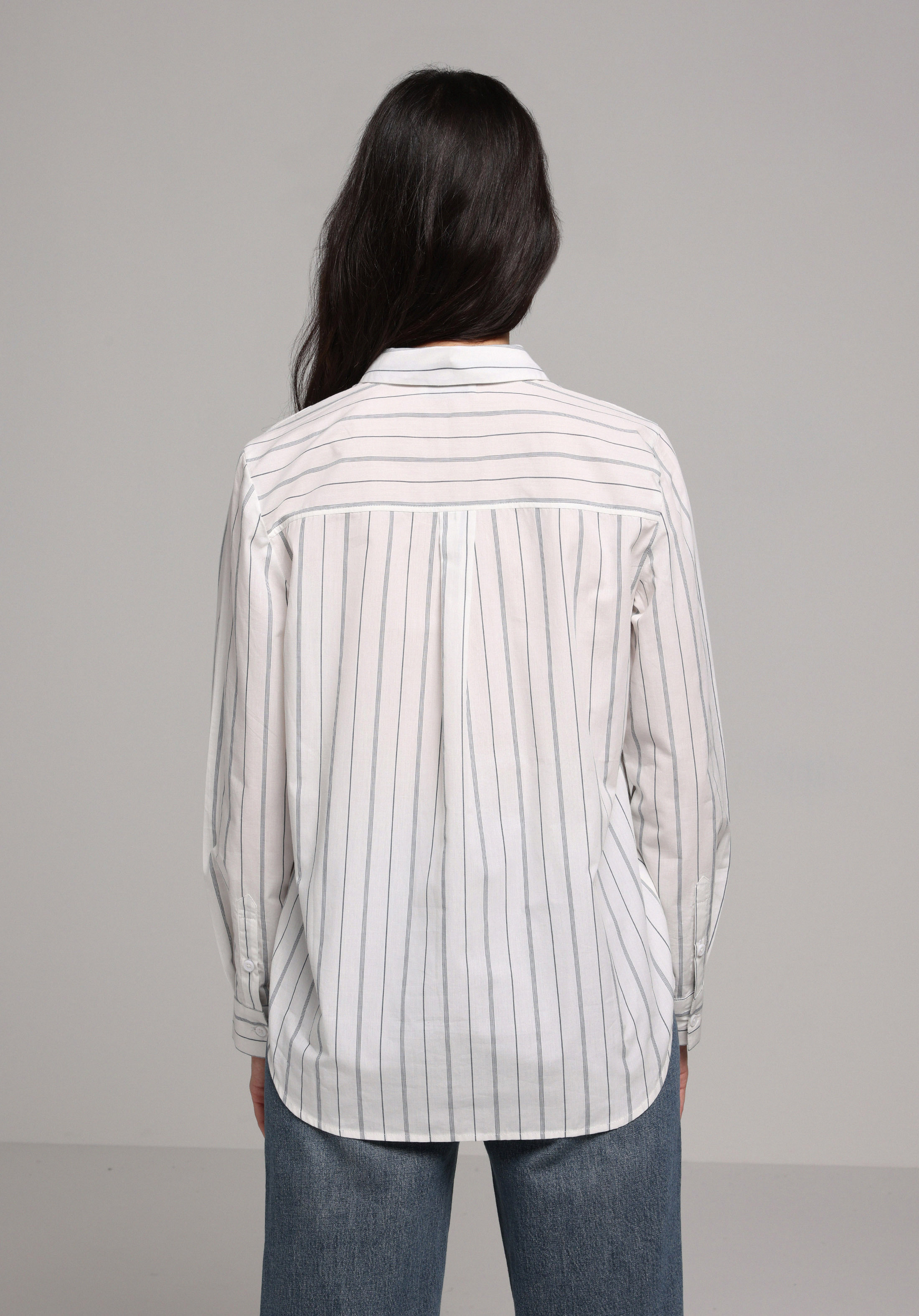 Regular Fit Shirt Neck Çizgili Kadın Beyaz Uzun Kol Gömlek