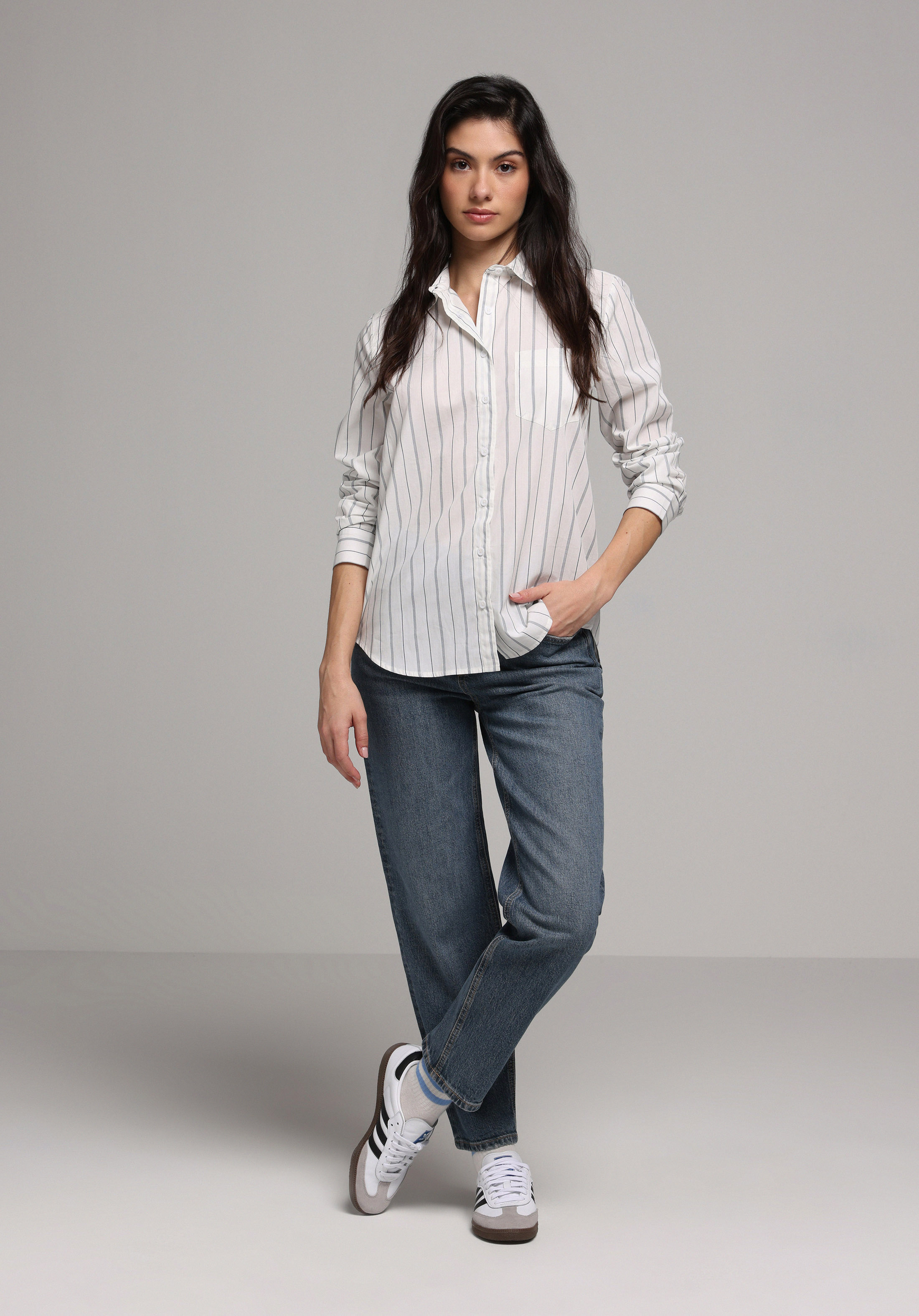 Regular Fit Shirt Neck Çizgili Kadın Beyaz Uzun Kol Gömlek