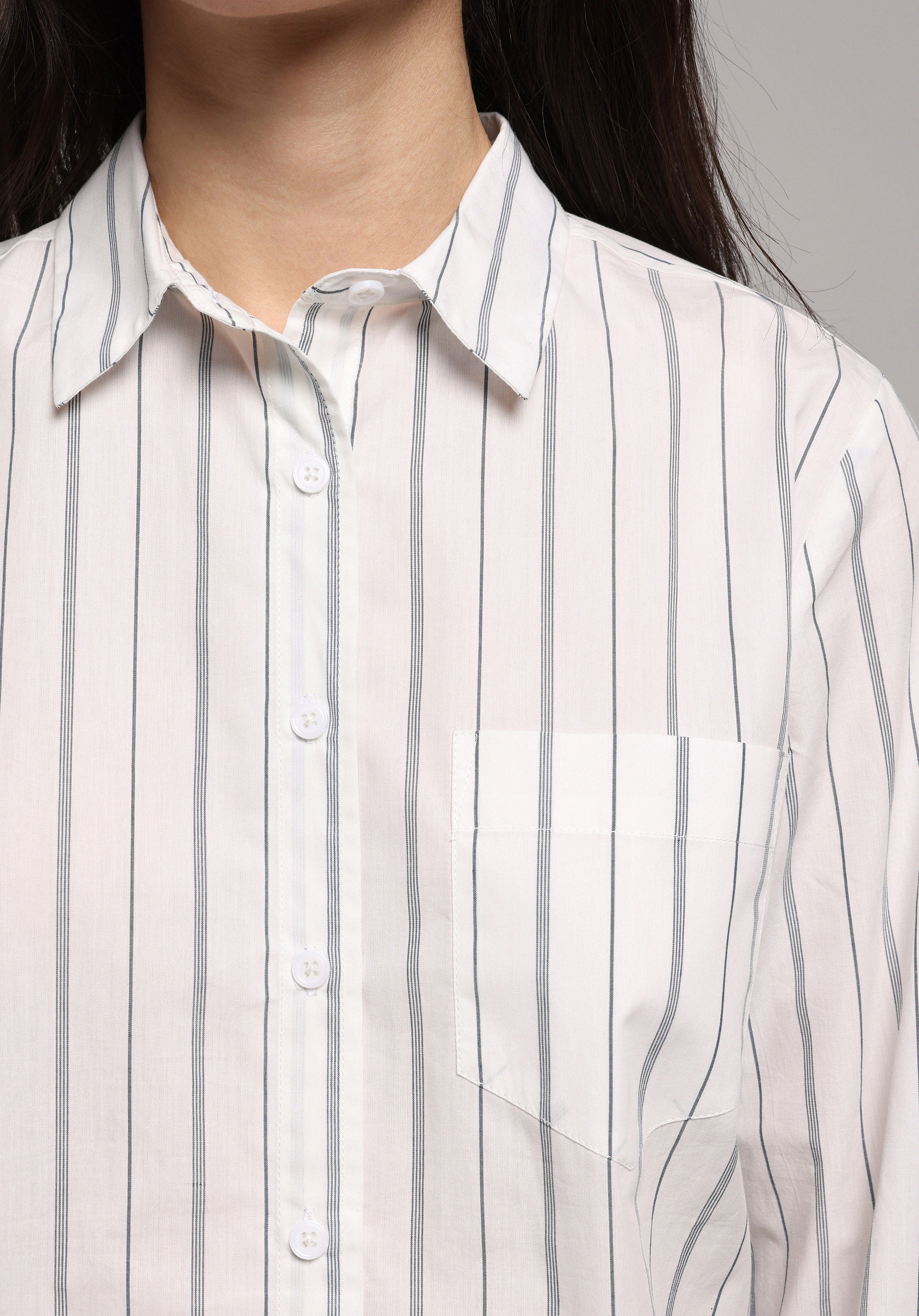 Regular Fit Shirt Neck Çizgili Kadın Beyaz Uzun Kol Gömlek