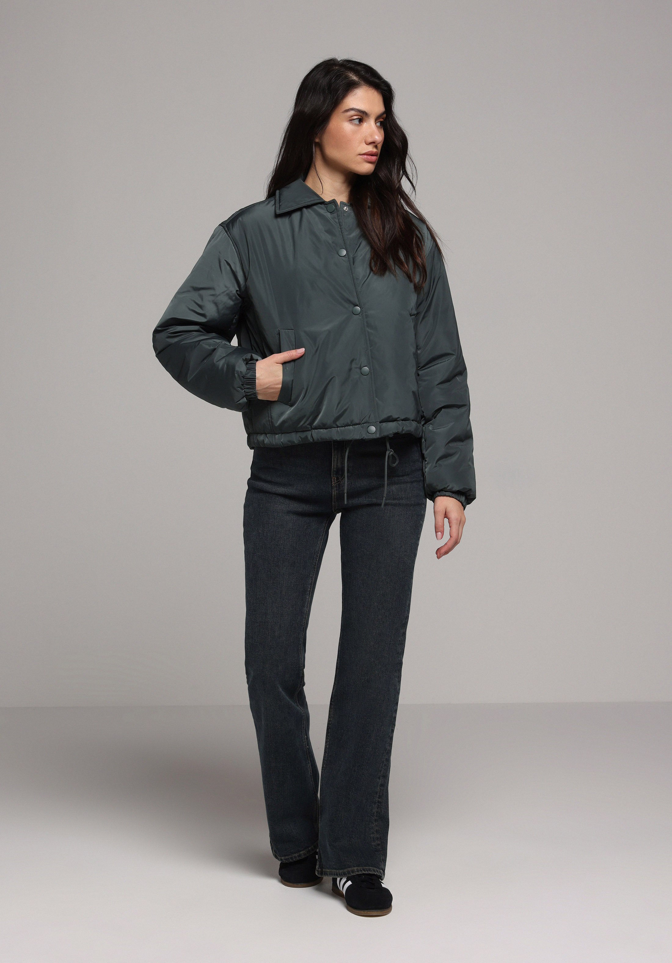 Regular Fit Polo Yaka Çıtçıtlı Astarlı Suya Dayanıklı Kadın Yeşil Mont