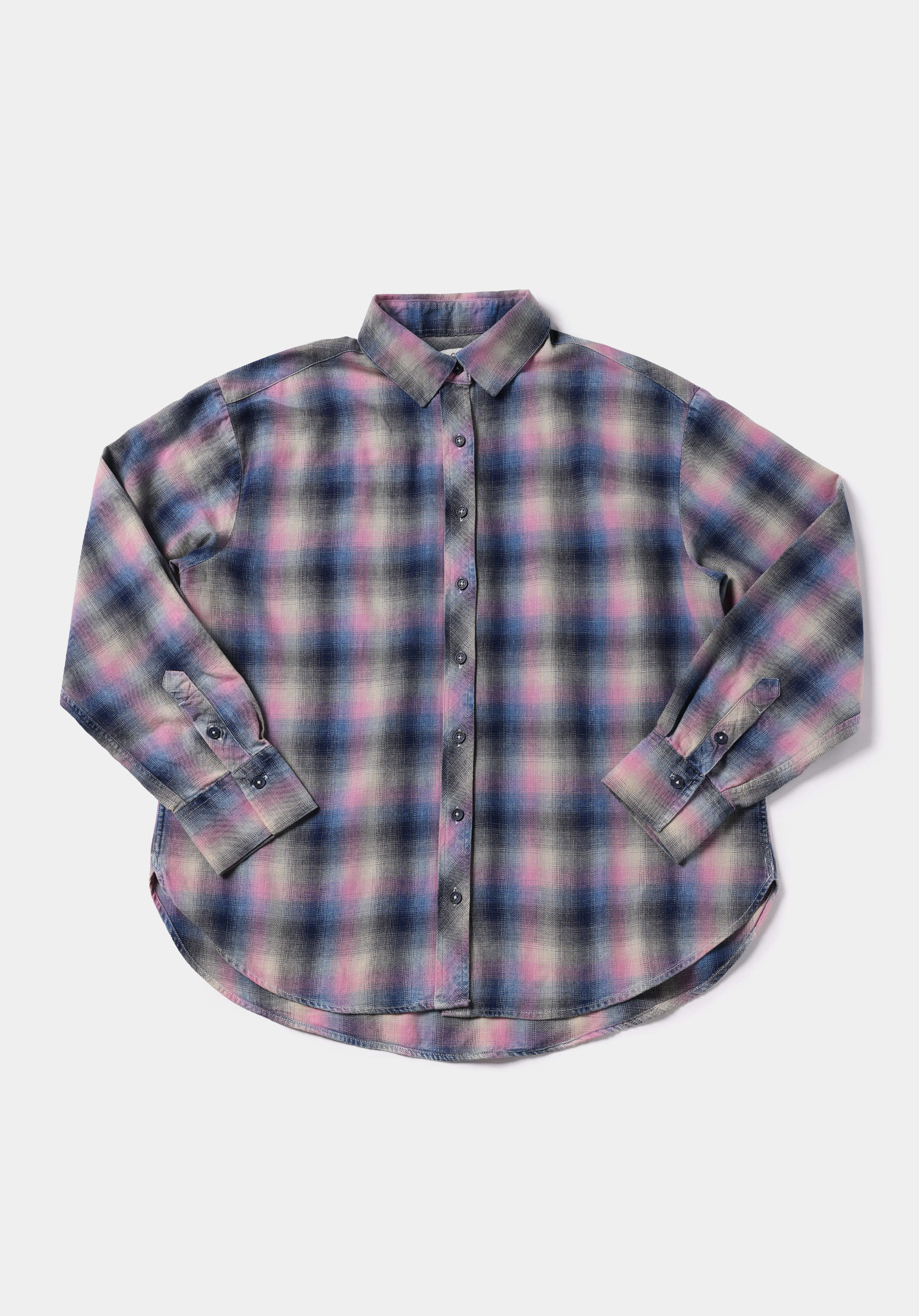 Boyfriend Fit Shirt Neck Ekoseli Kadın Mavi Uzun Kol Gömlek