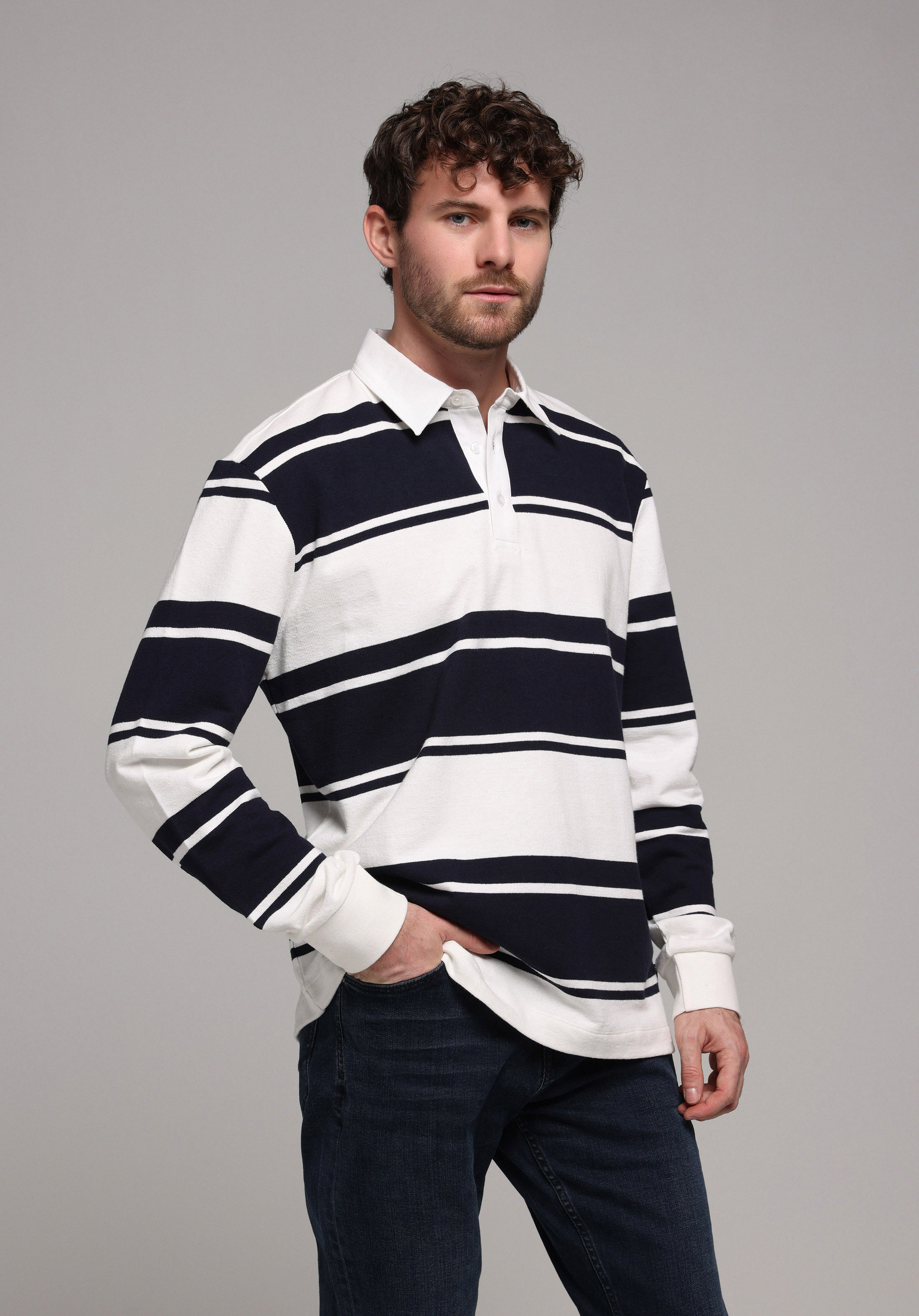 Comfort Fit Polo Yaka Çizgili Erkek Lacivert Uzun Kol Tişört