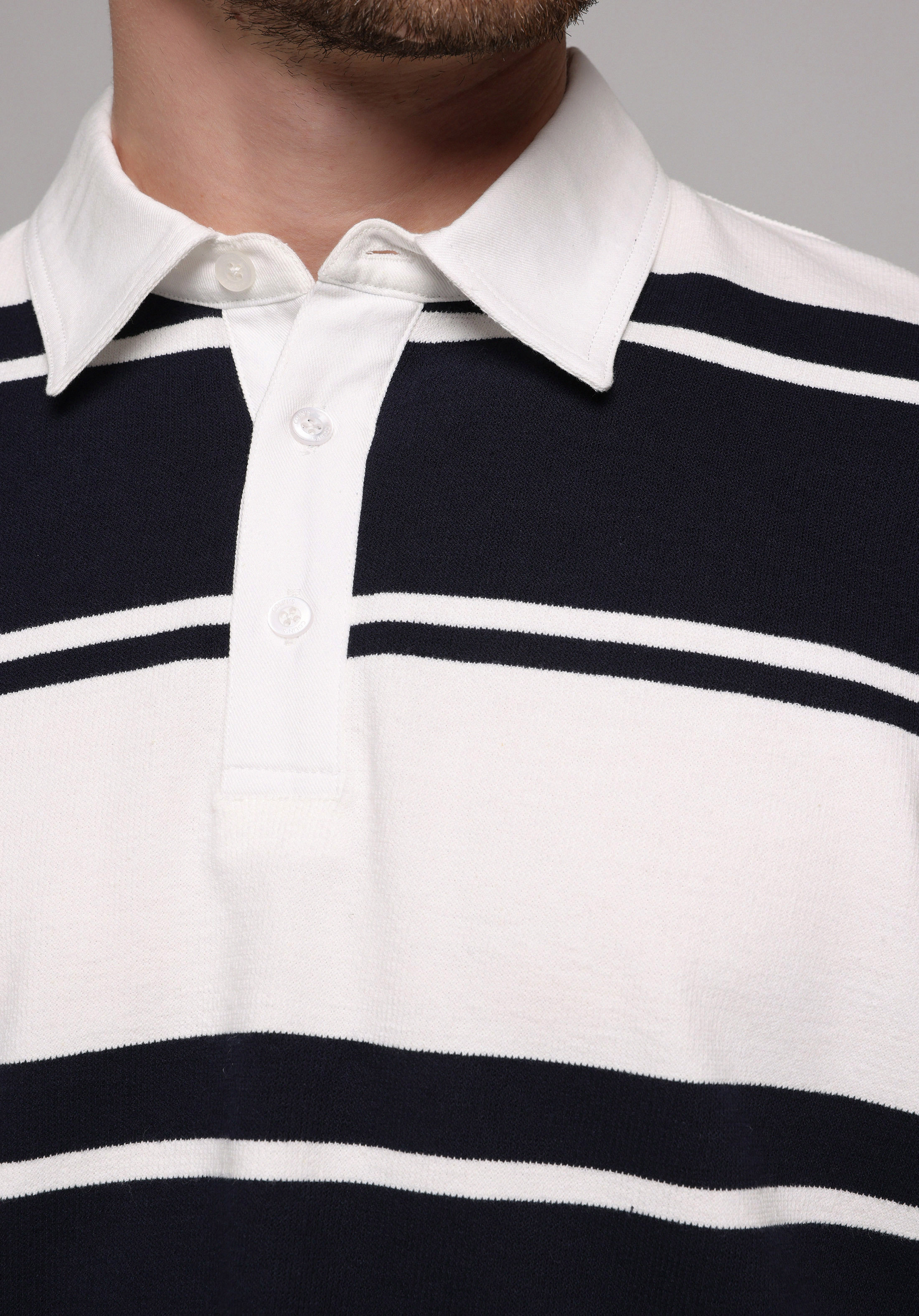 Comfort Fit Polo Yaka Çizgili Erkek Lacivert Uzun Kol Tişört